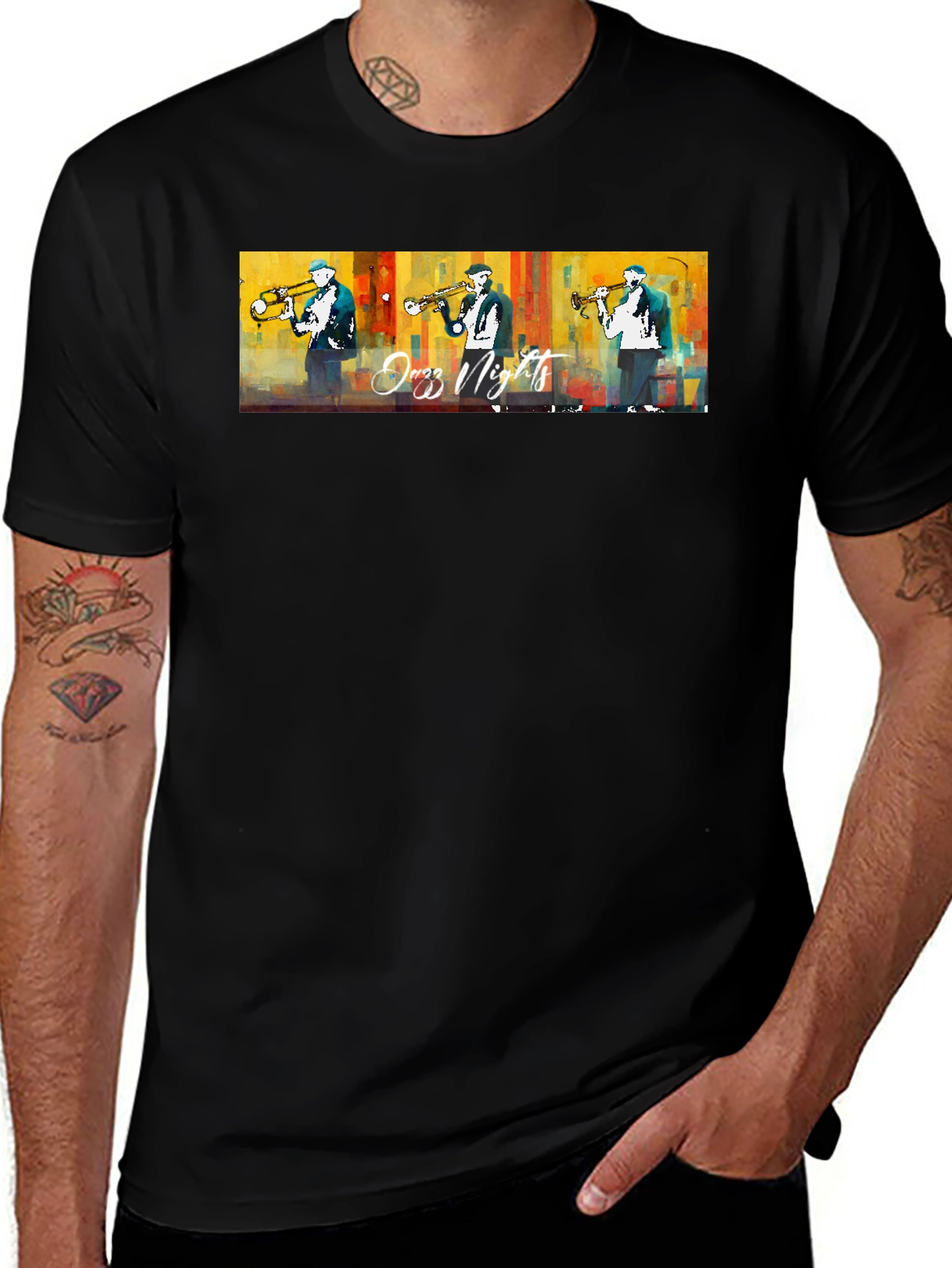 Jazz Nights Trumpet Player Graphic Black T-Shirt