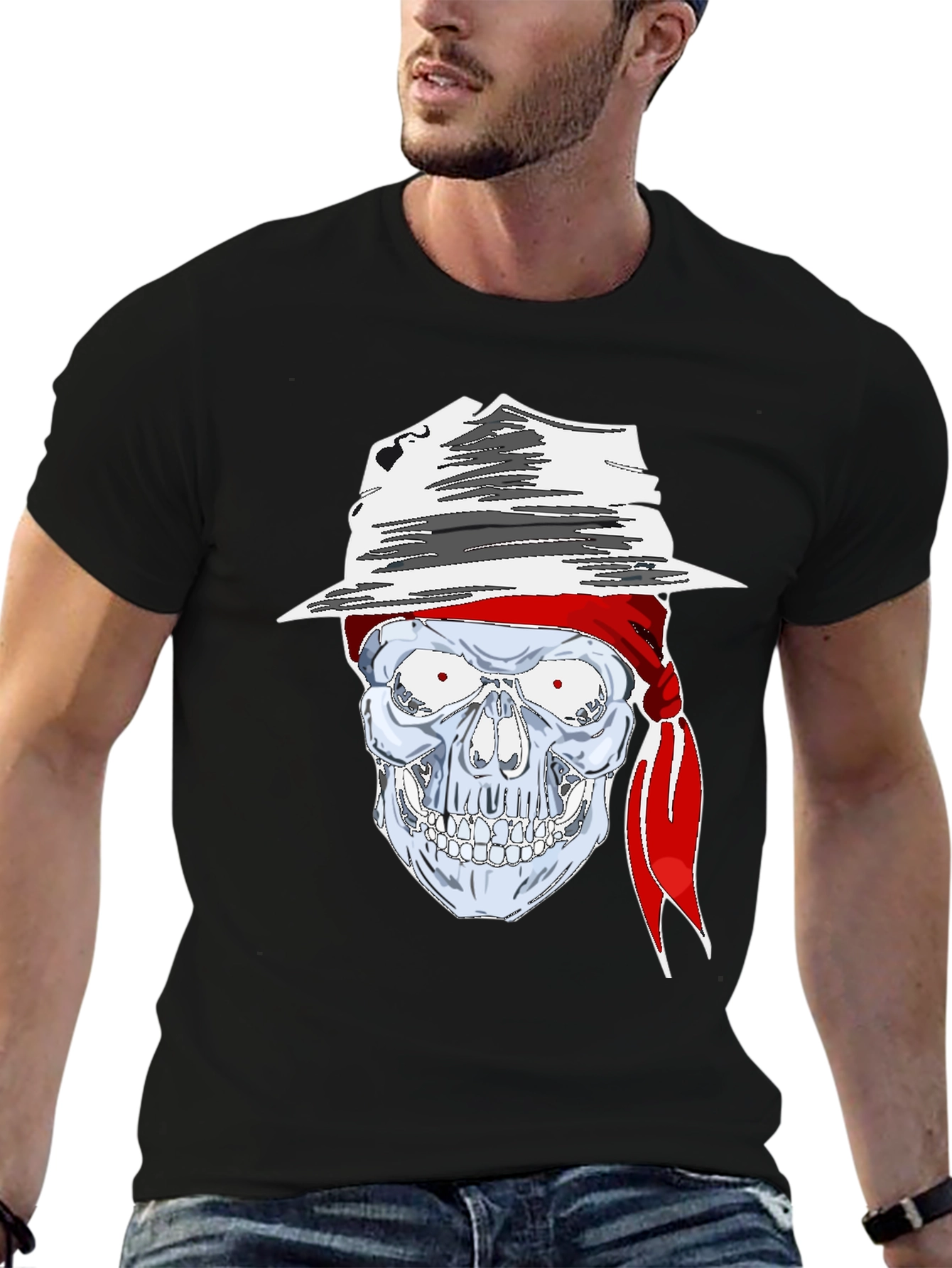Skull in Hat Graphic Tee - Mens Black T-Shirt