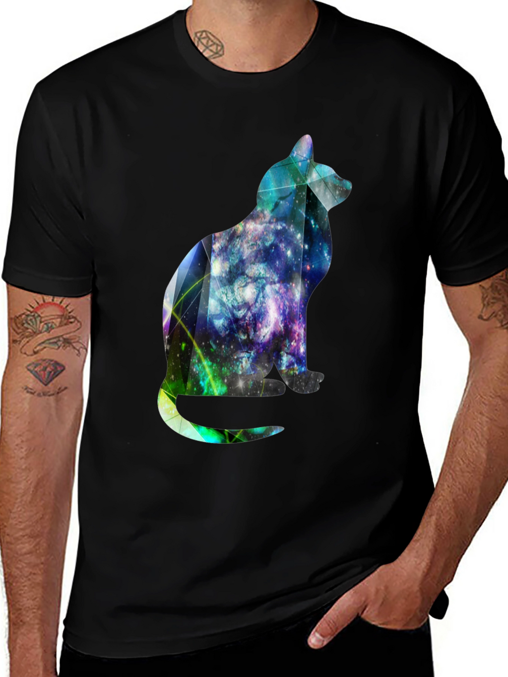 Galaxy Cat Graphic Tee - Stylish Mens Black T-Shirt