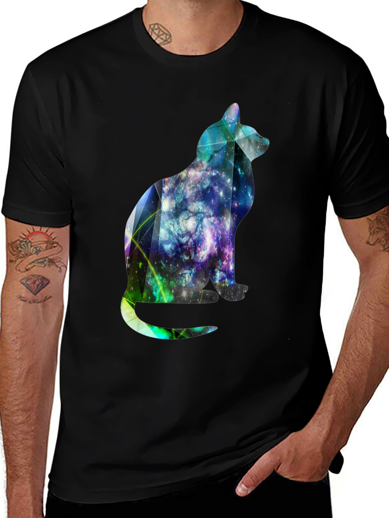 Galaxy Cat Graphic Tee - Stylish Mens Black T-Shirt