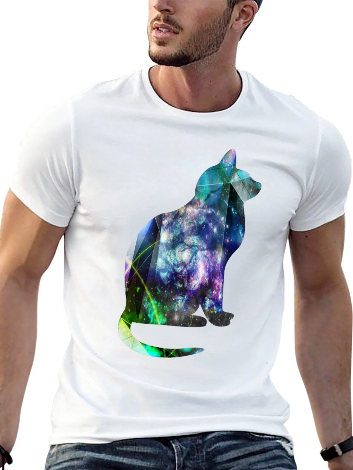 Galaxy Cat Graphic Tee - Stylish Mens Black T-Shirt
