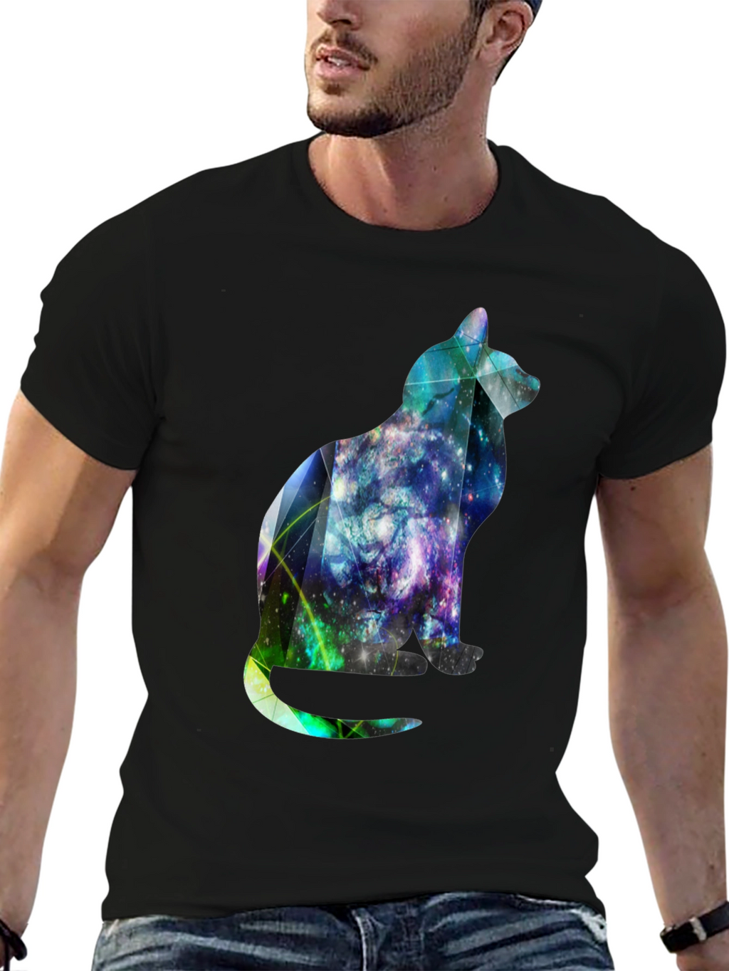 Galaxy Cat Graphic Tee - Stylish Mens Black T-Shirt