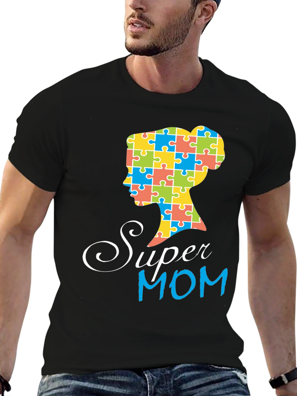 Super Mom Autism Puzzle Piece Profile T-Shirt