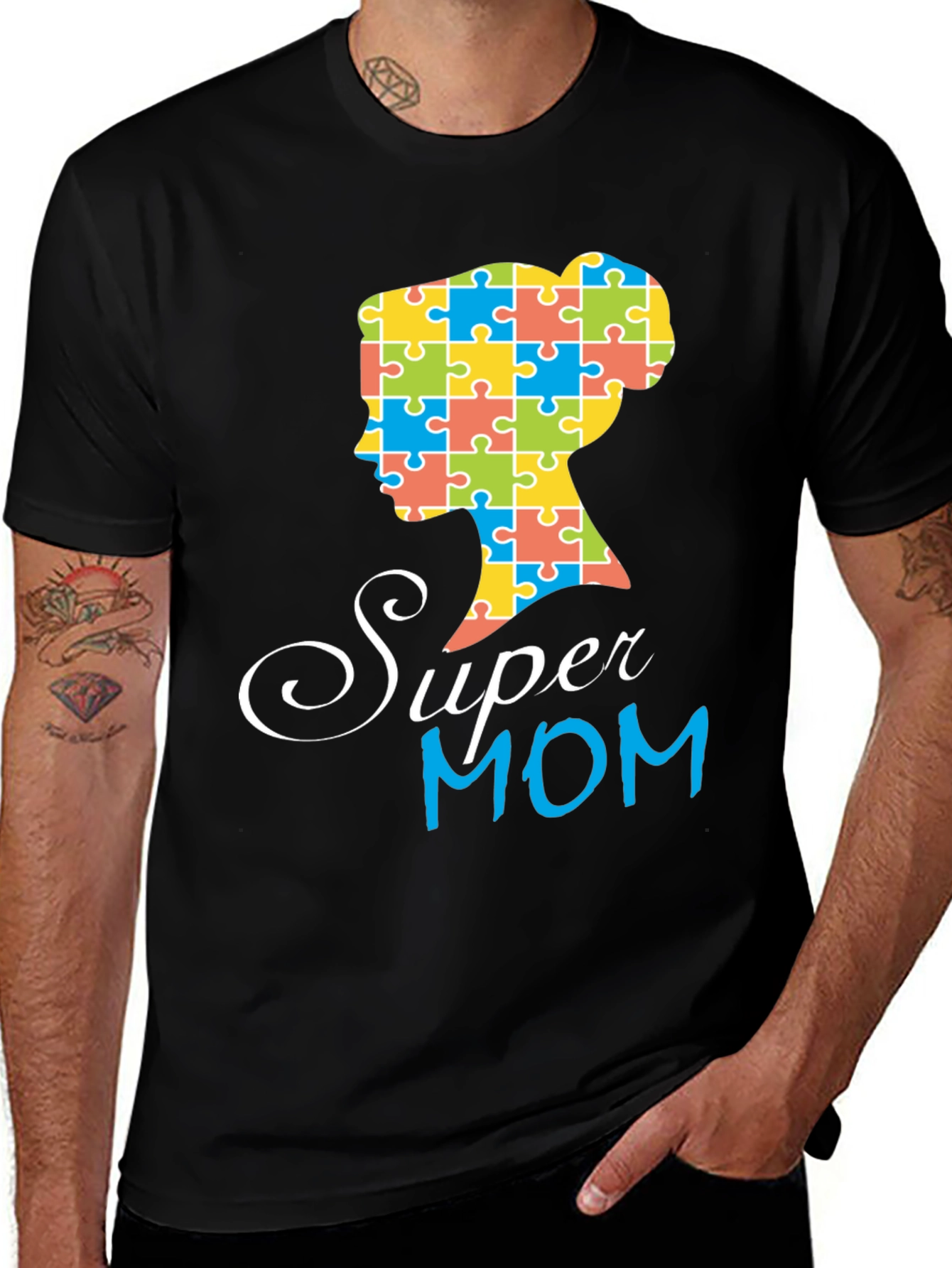 Super Mom Autism Puzzle Piece Profile T-Shirt