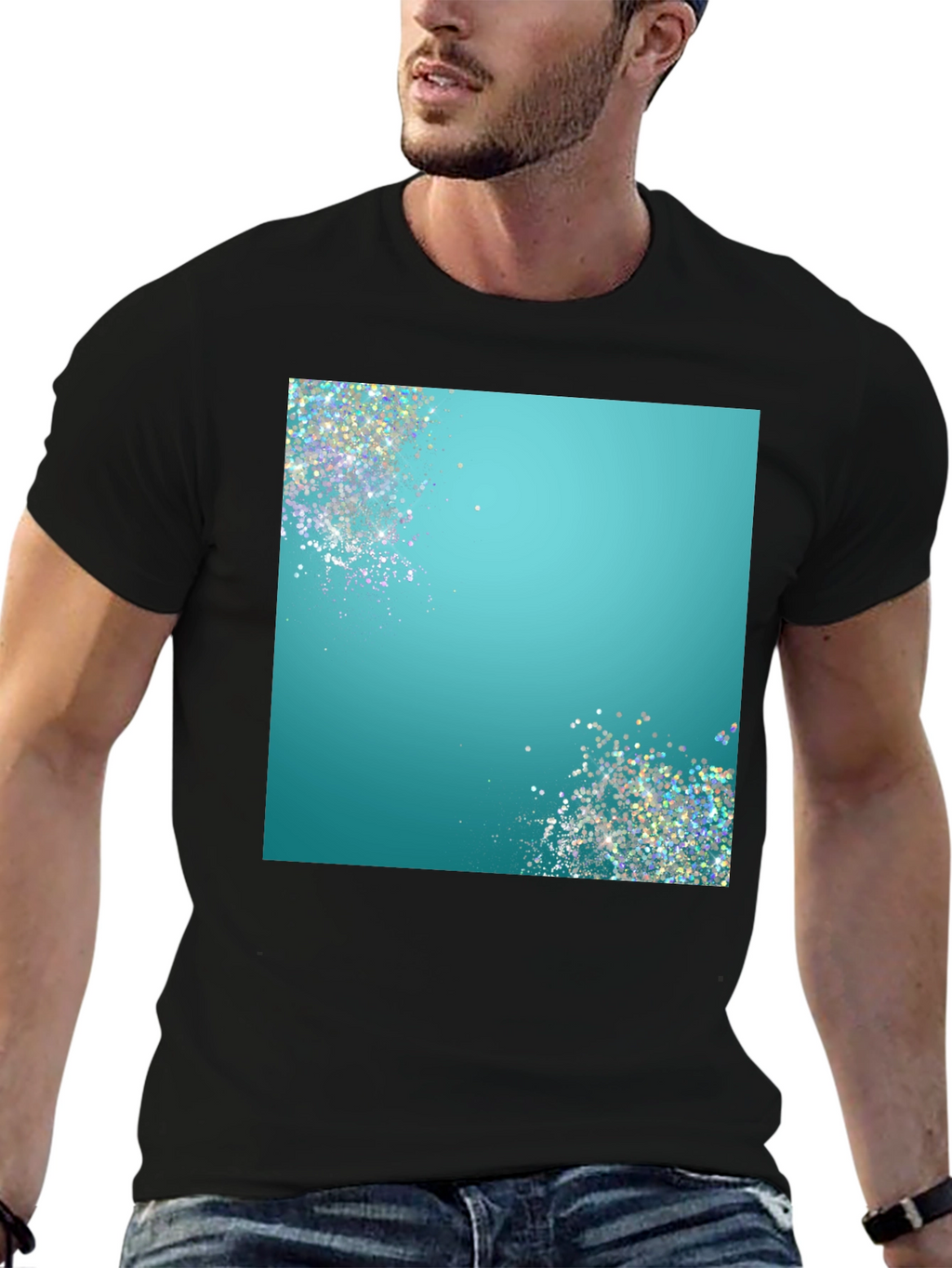 Teal Sparkle Graphic Black T-Shirt