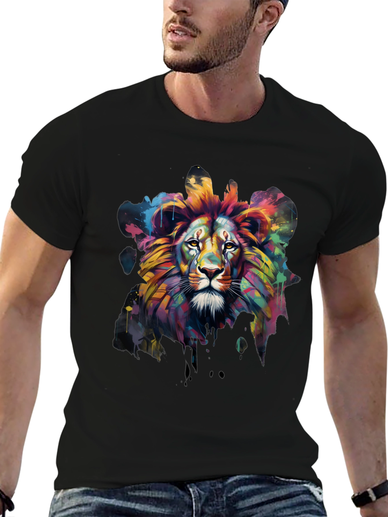 Colorful Lion Graphic Tee - Mens Black T-Shirt