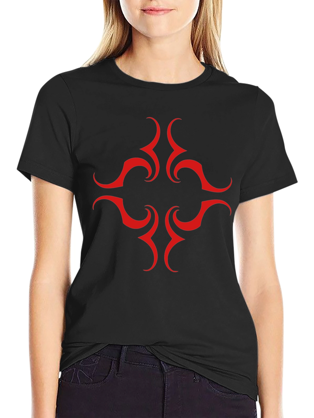 Black Tee with Red Tribal Design