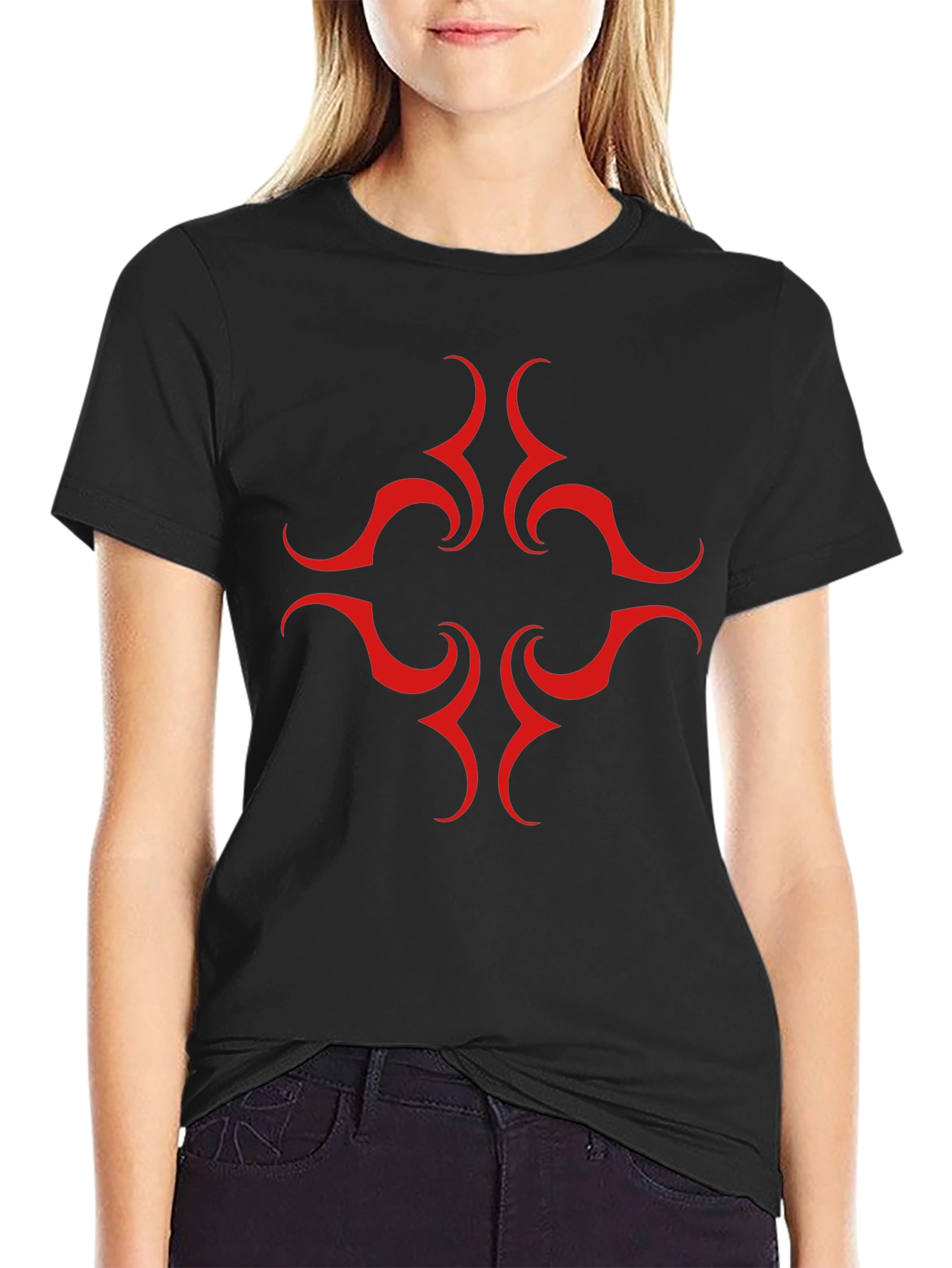 Black Tee with Red Tribal Design