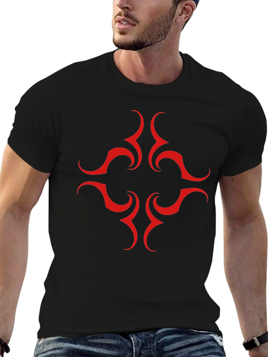 Black Tee with Red Tribal Design
