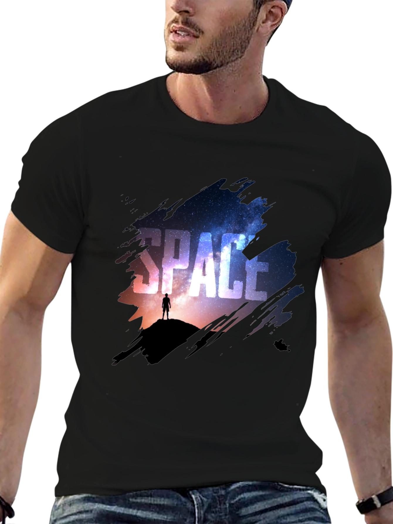 Space Galaxy Graphic Print Black T-Shirt