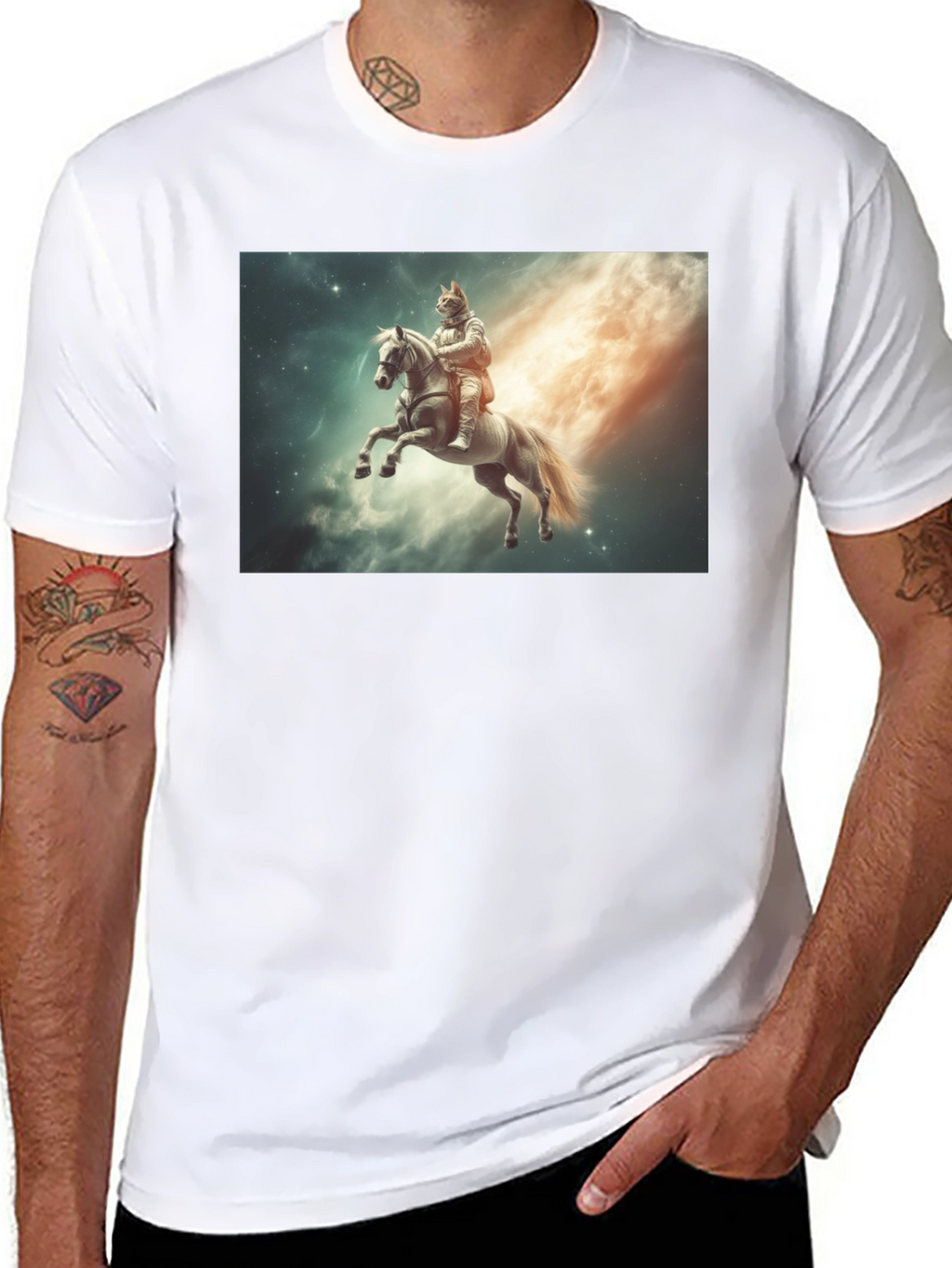 Cosmic Cat Knight T-Shirt - Black Cotton Tee