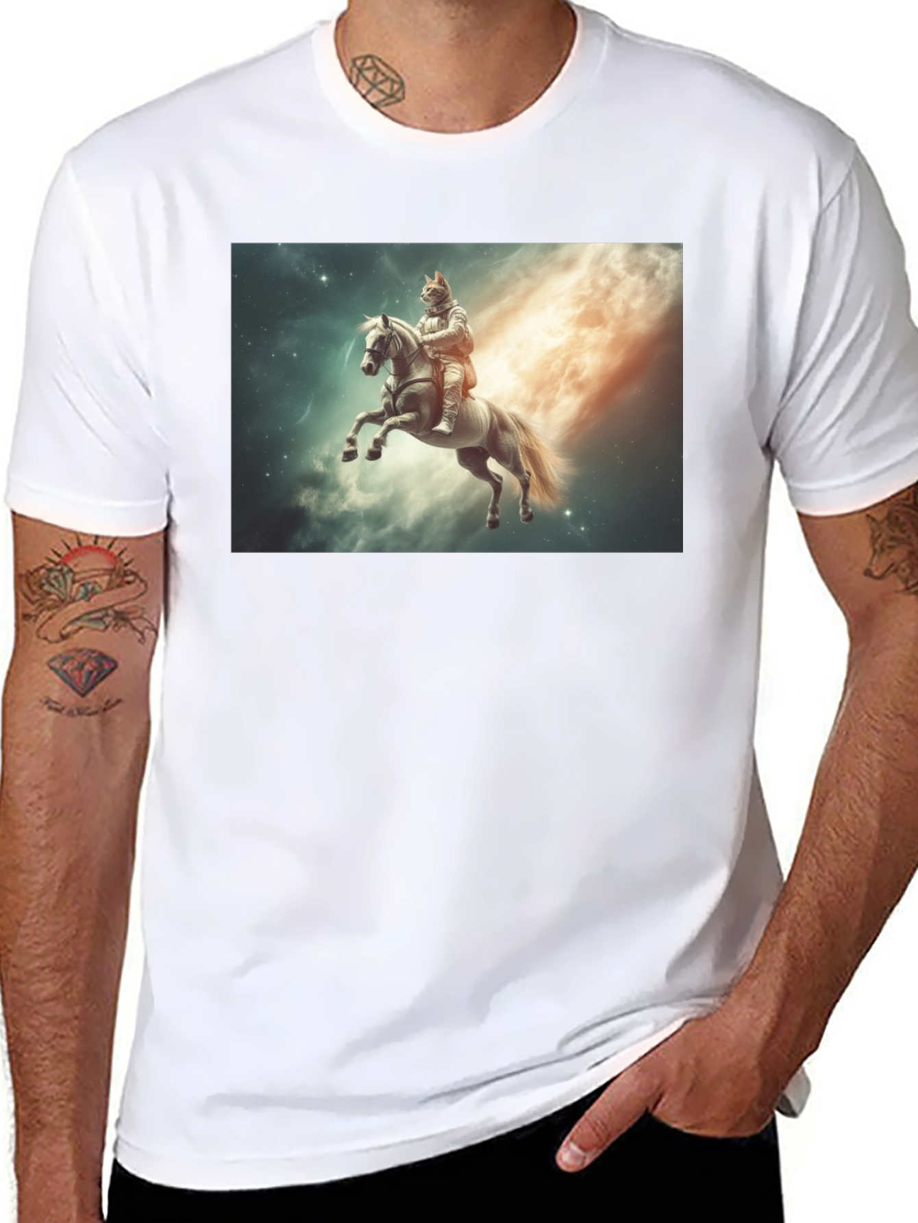 Cosmic Cat Knight T-Shirt - Black Cotton Tee