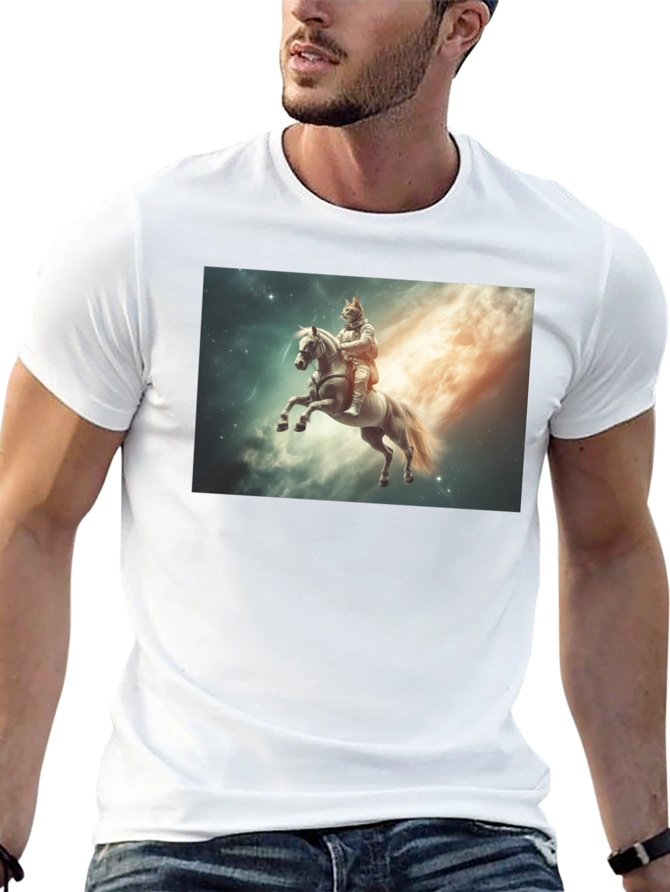 Cosmic Cat Knight T-Shirt - Black Cotton Tee