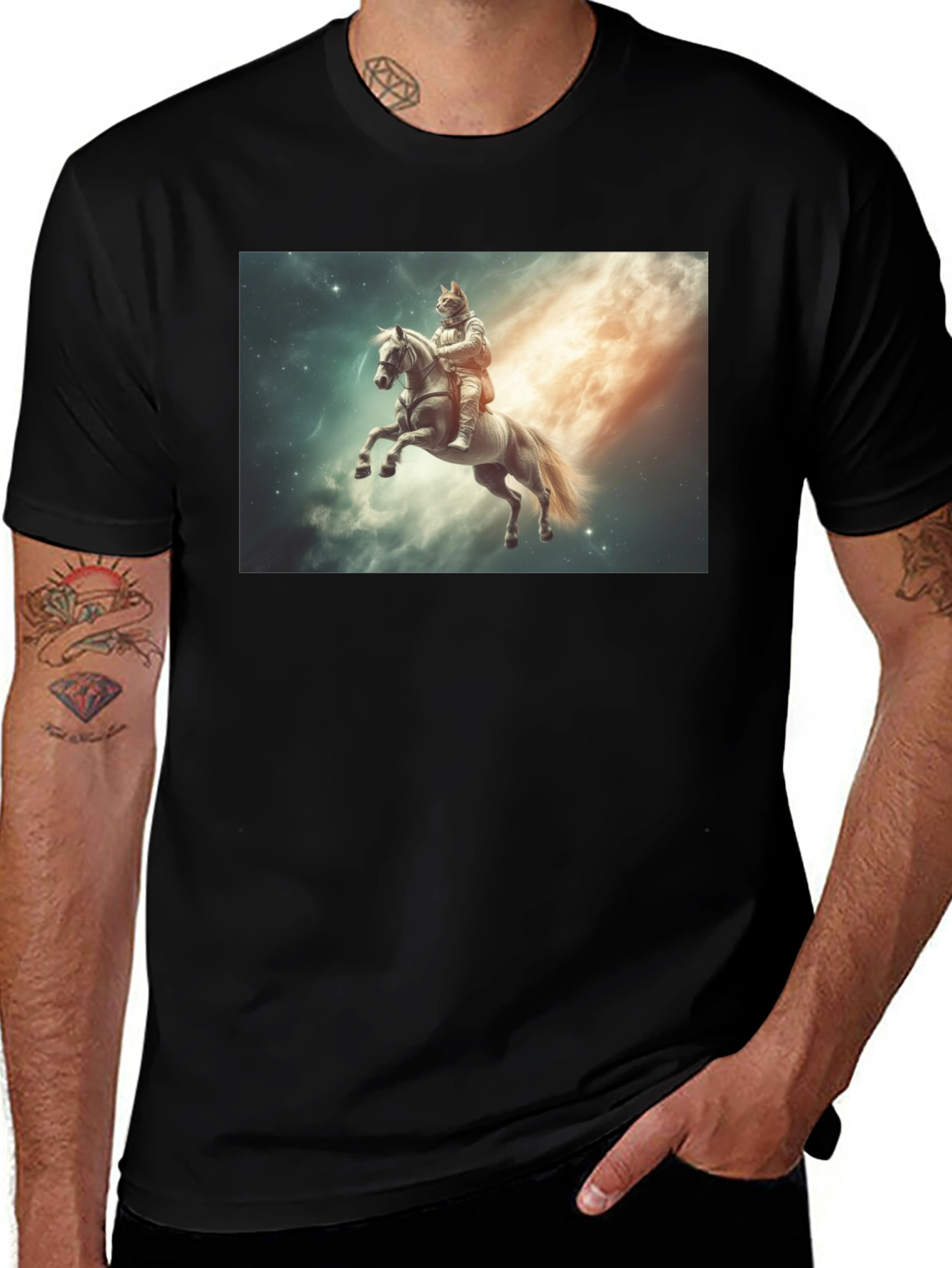 Cosmic Cat Knight T-Shirt - Black Cotton Tee