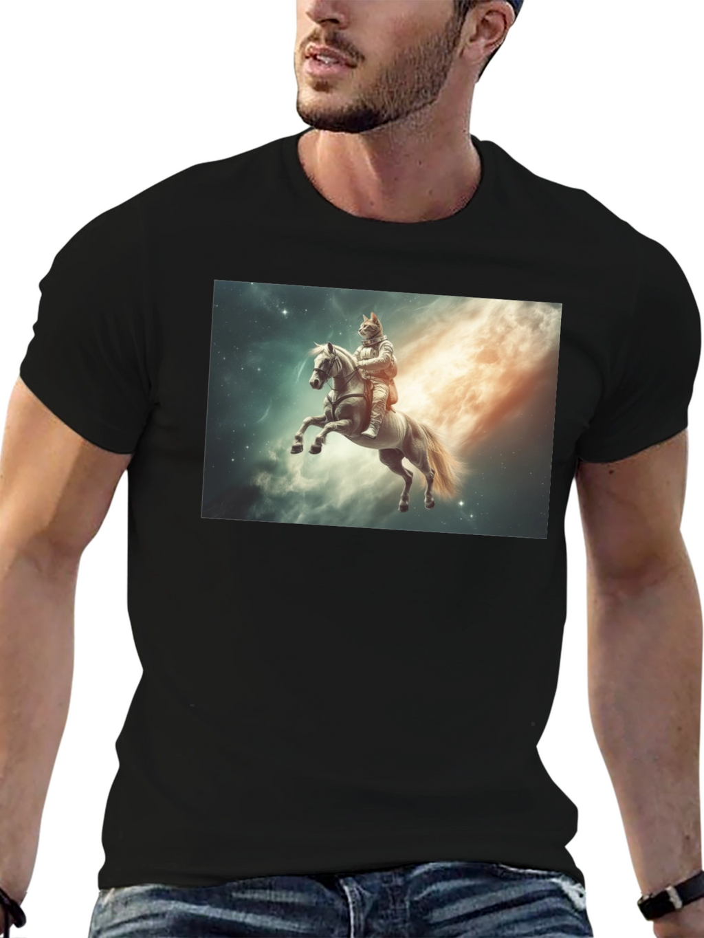 Cosmic Cat Knight T-Shirt - Black Cotton Tee