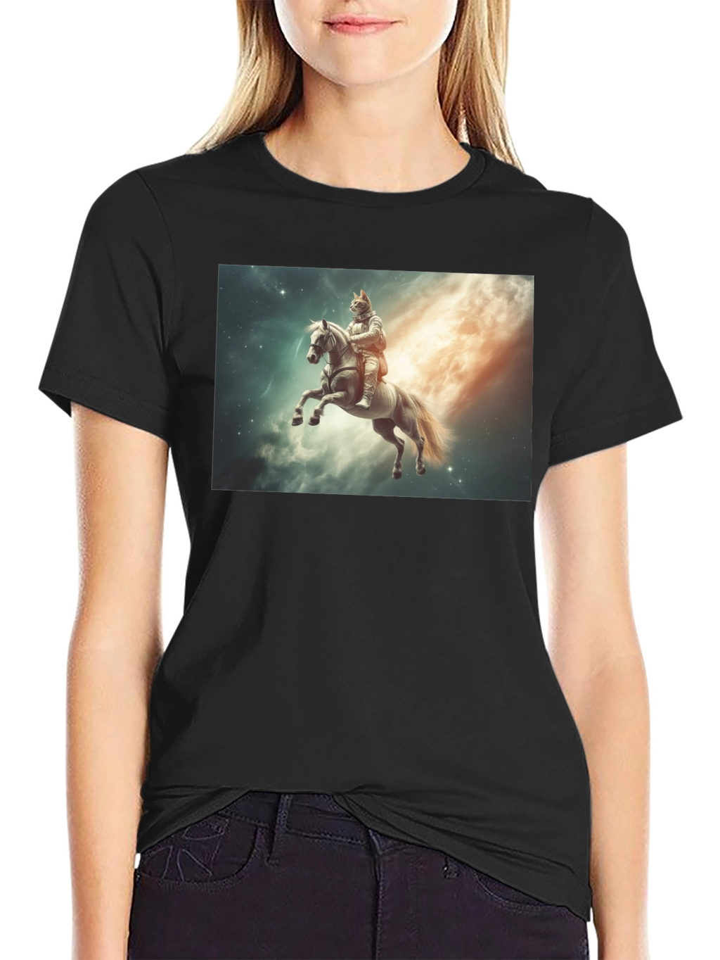 Cosmic Cat Knight T-Shirt - Black Cotton Tee