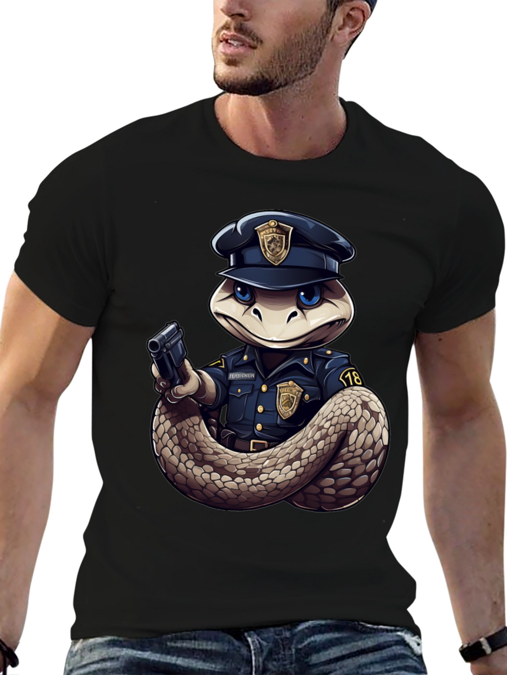 Snake Police Officer Black T-Shirt