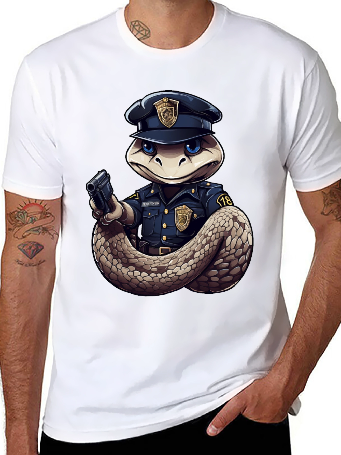 Snake Police Officer Black T-Shirt