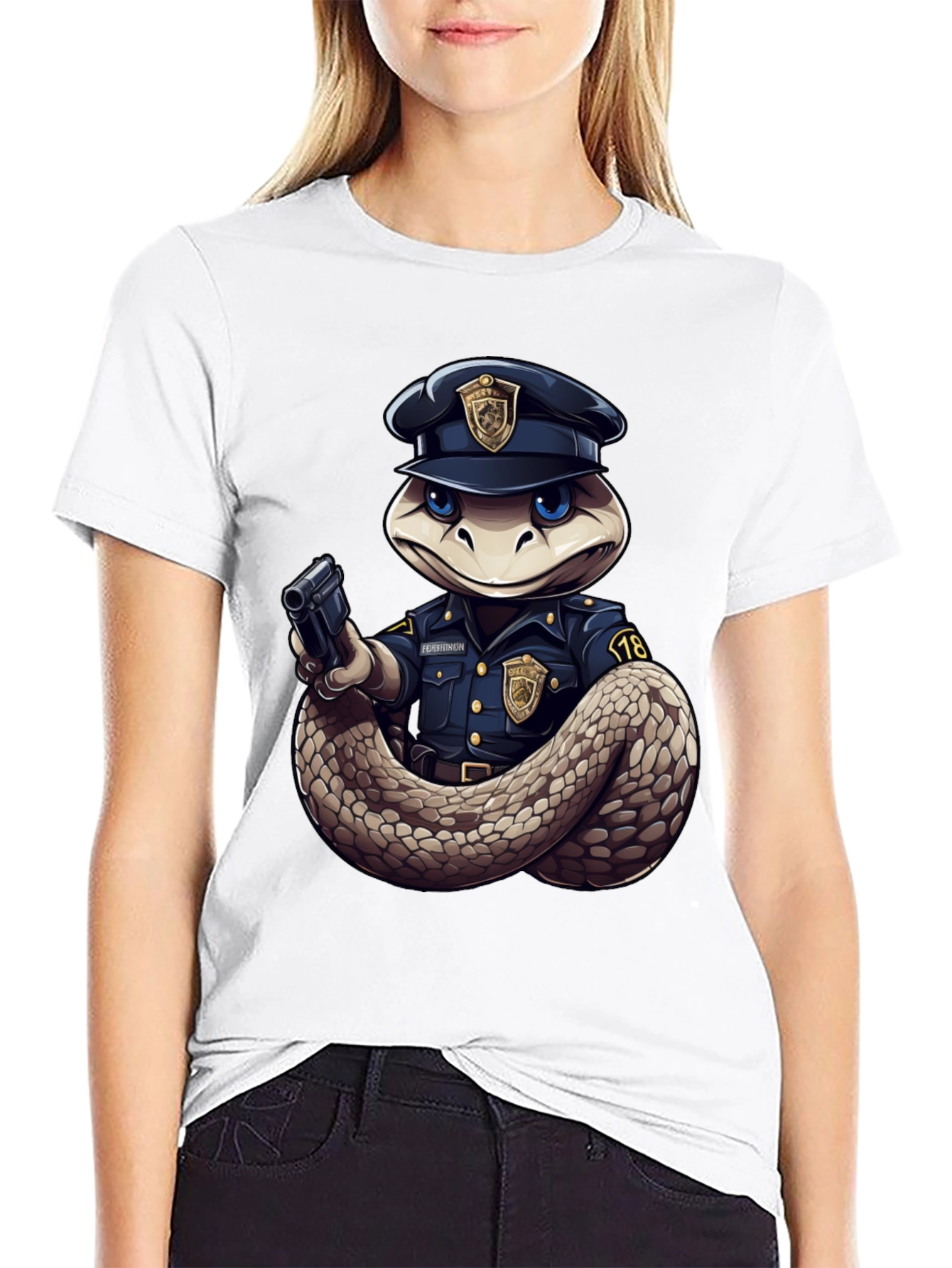 Snake Police Officer Black T-Shirt