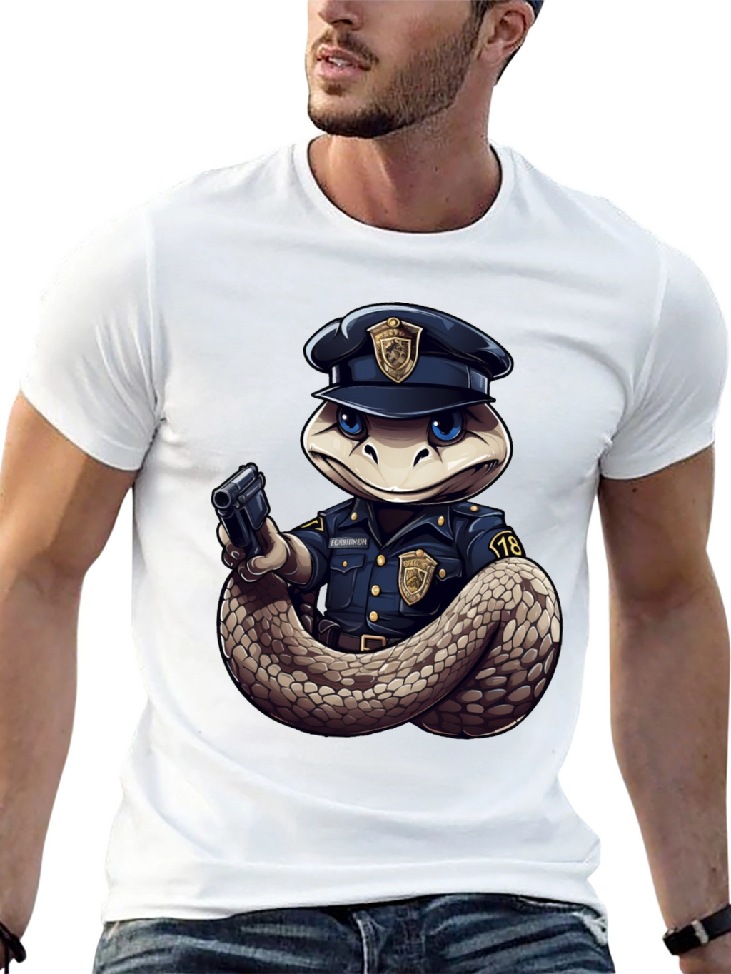 Snake Police Officer Black T-Shirt