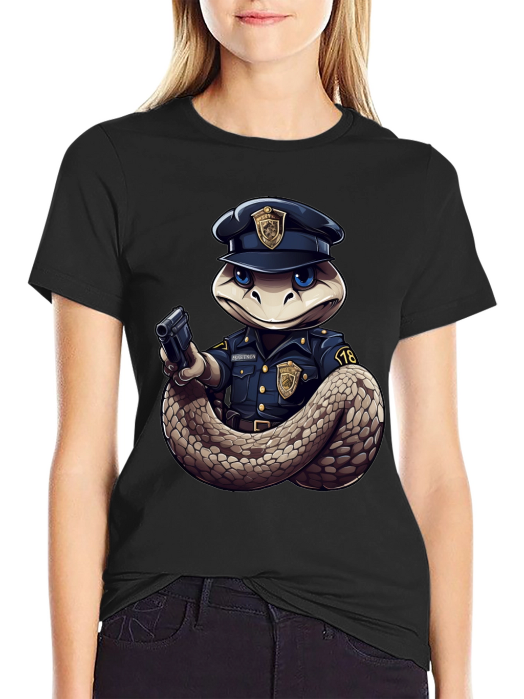 Snake Police Officer Black T-Shirt