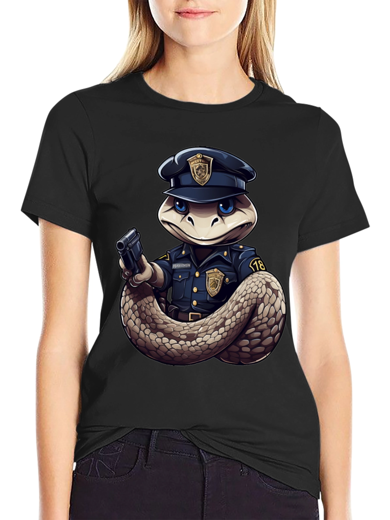 Snake Police Officer Black T-Shirt