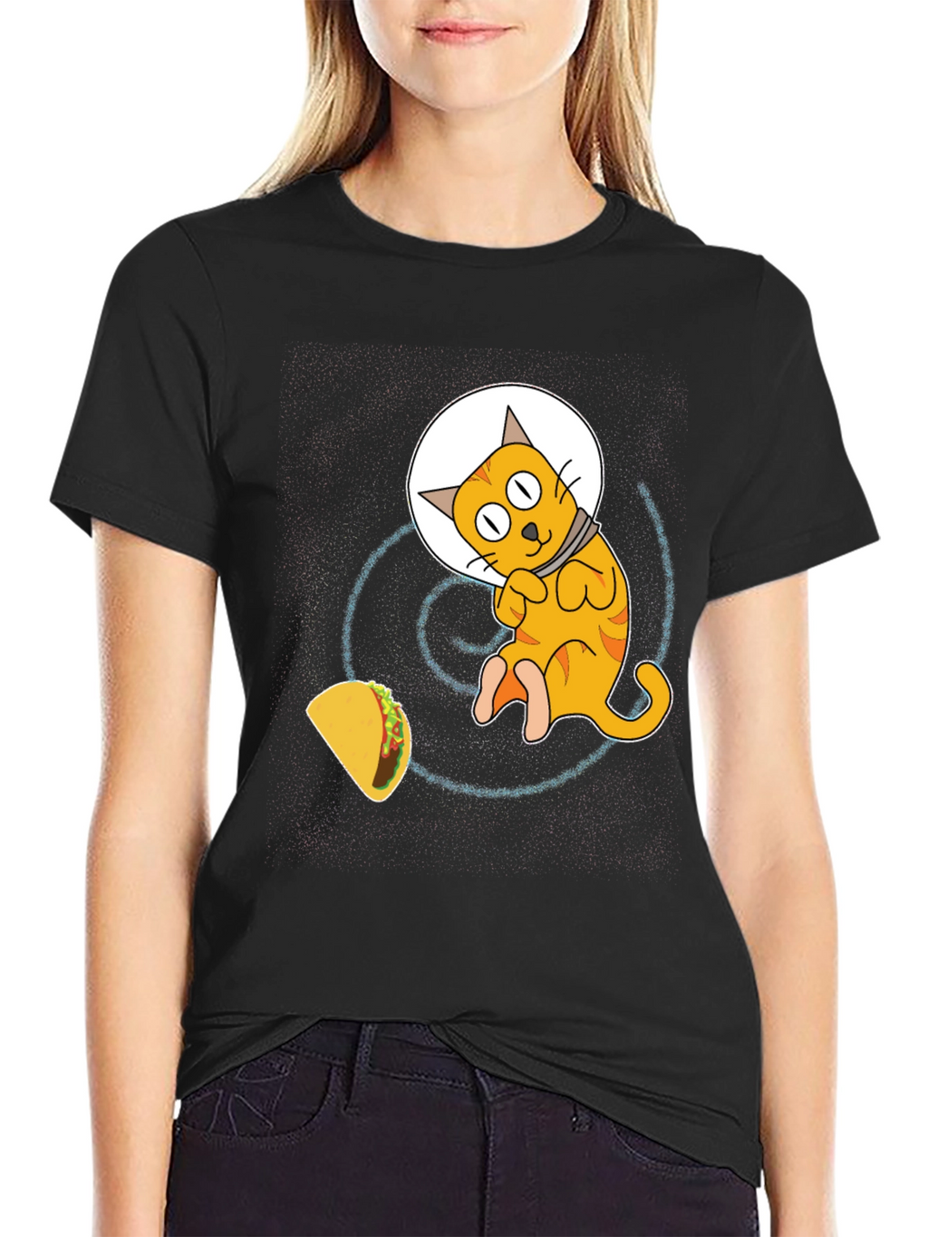 Space Cat & Taco Mens Black T-Shirt