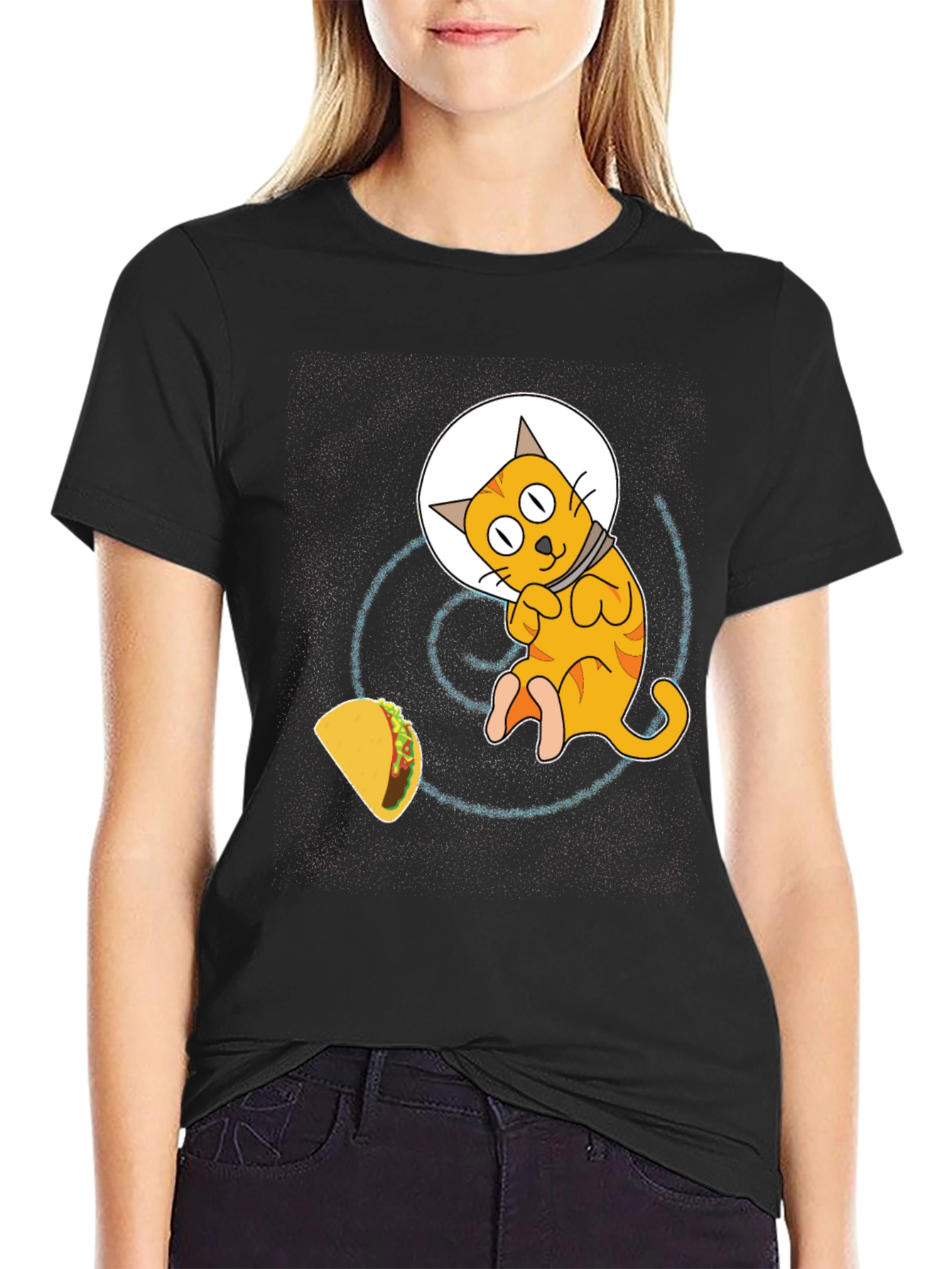 Space Cat & Taco Mens Black T-Shirt
