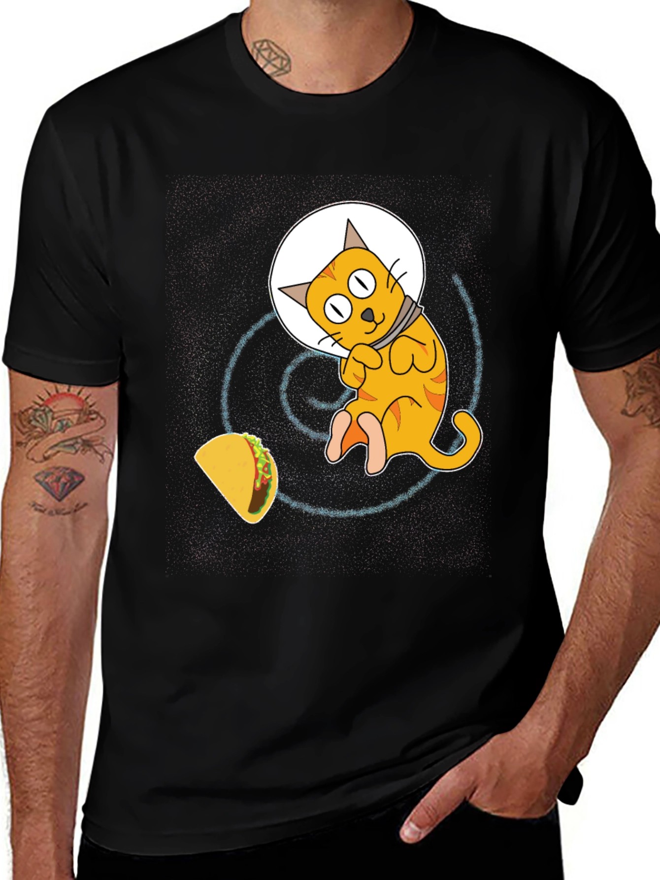 Space Cat & Taco Mens Black T-Shirt