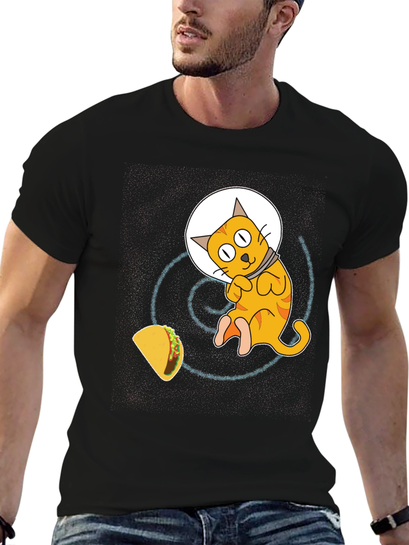 Space Cat & Taco Mens Black T-Shirt
