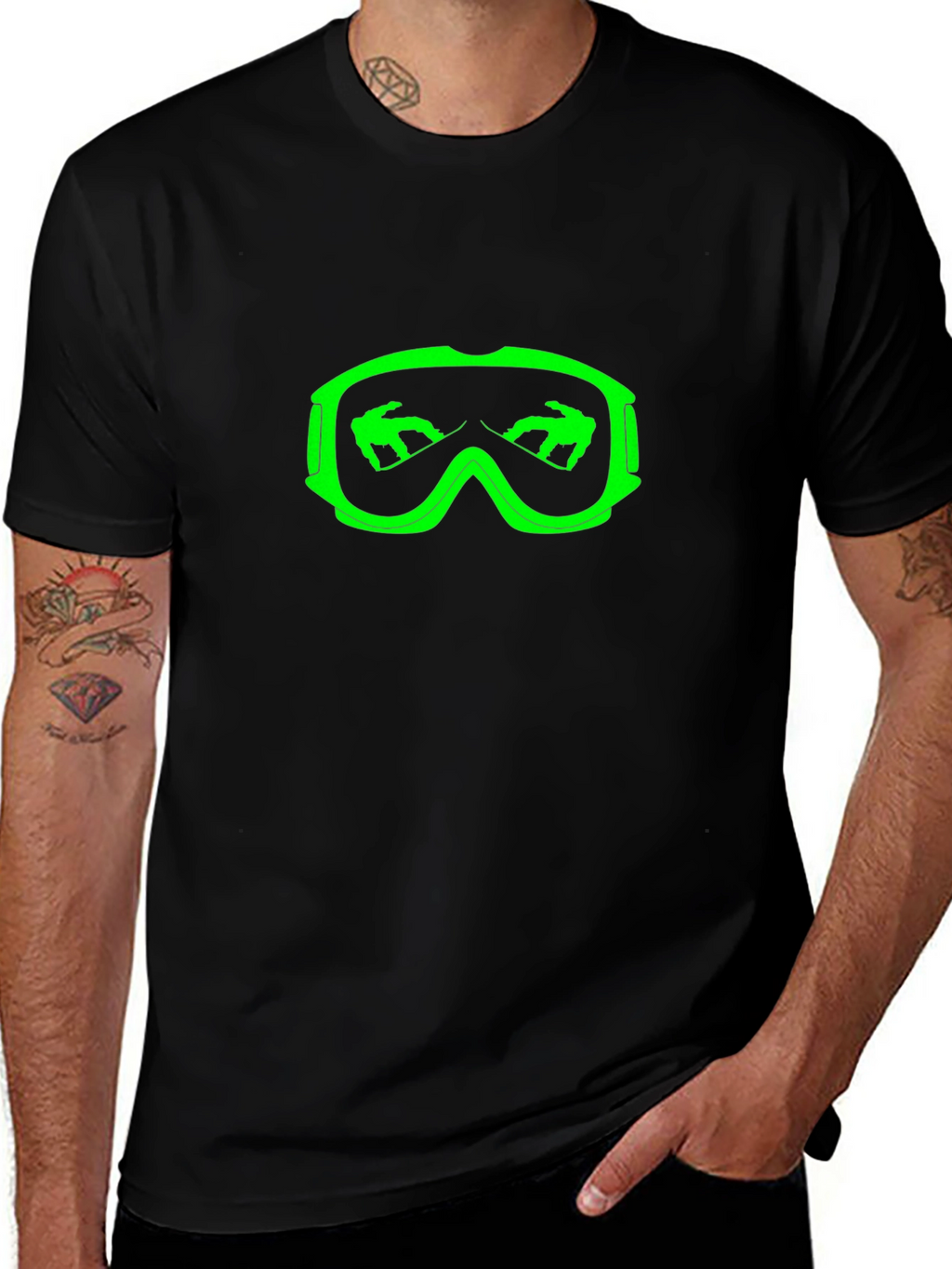 Cool Black T-Shirt with Green Ski Goggles Design