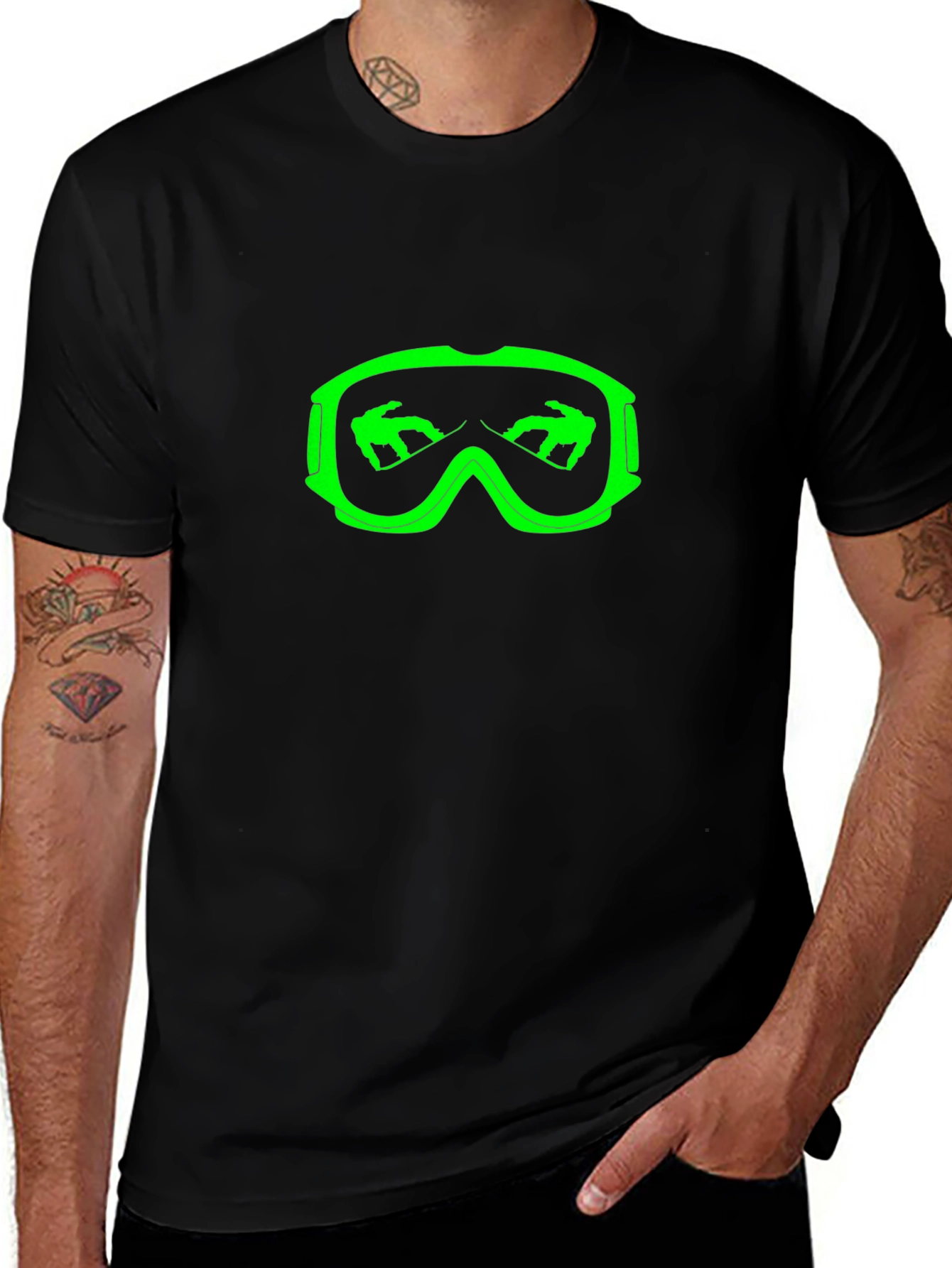 Cool Black T-Shirt with Green Ski Goggles Design