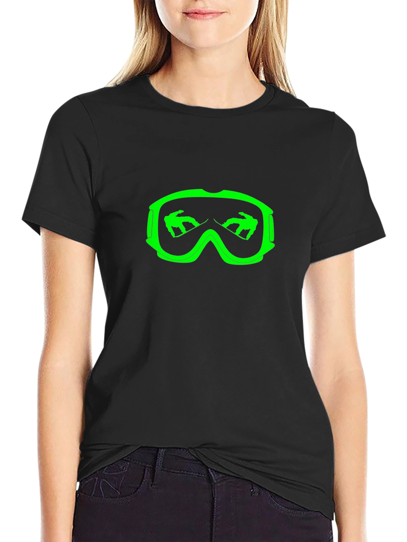 Cool Black T-Shirt with Green Ski Goggles Design