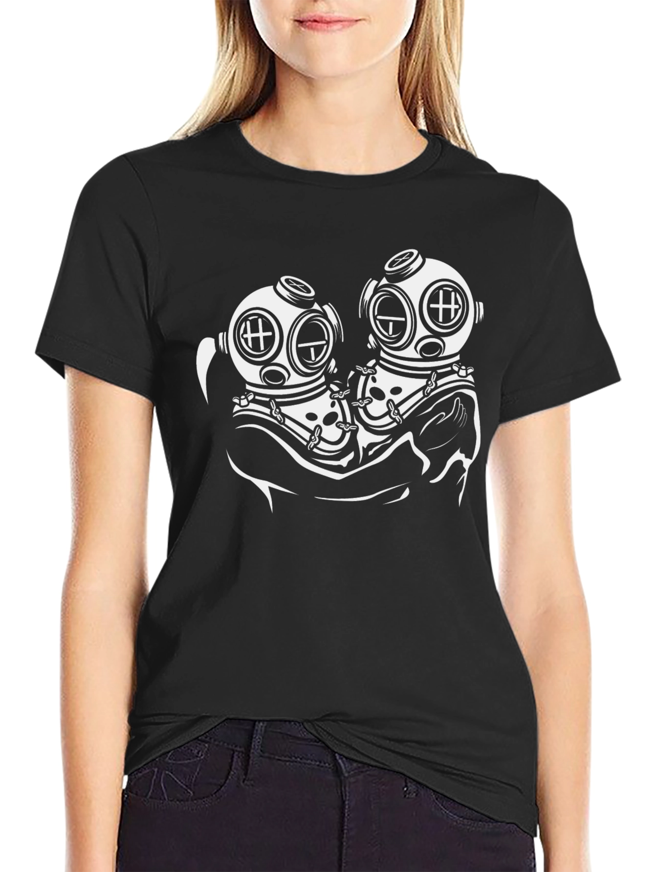Diver Couple Graphic Tee - Black Cotton T-Shirt
