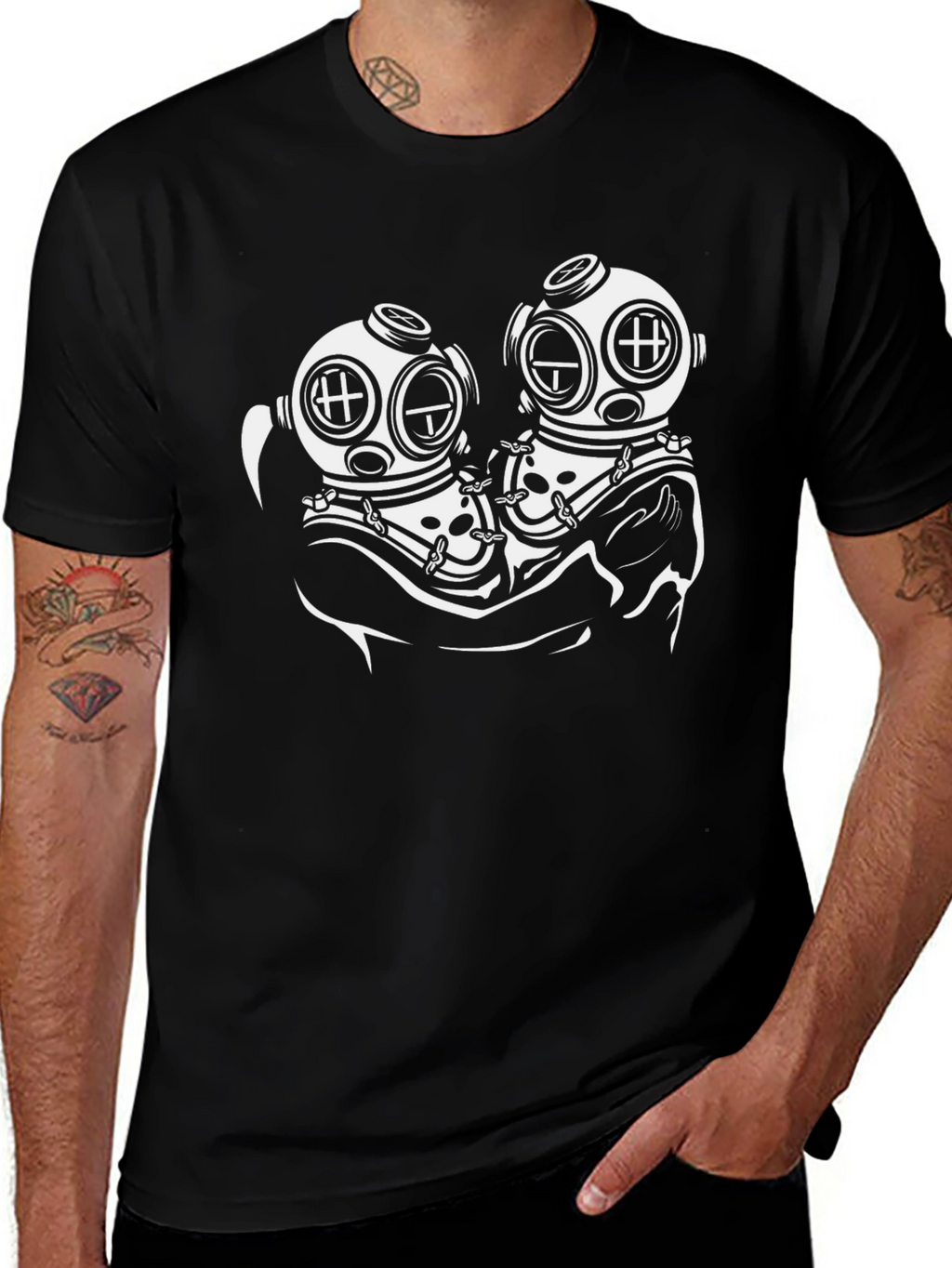 Diver Couple Graphic Tee - Black Cotton T-Shirt