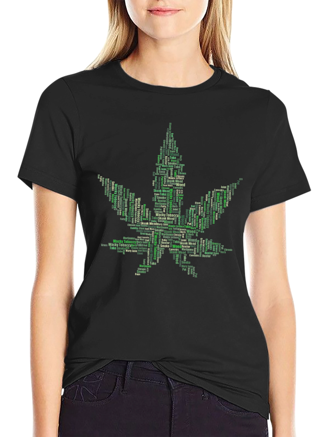 Weed Leaf Word Art Black T-Shirt