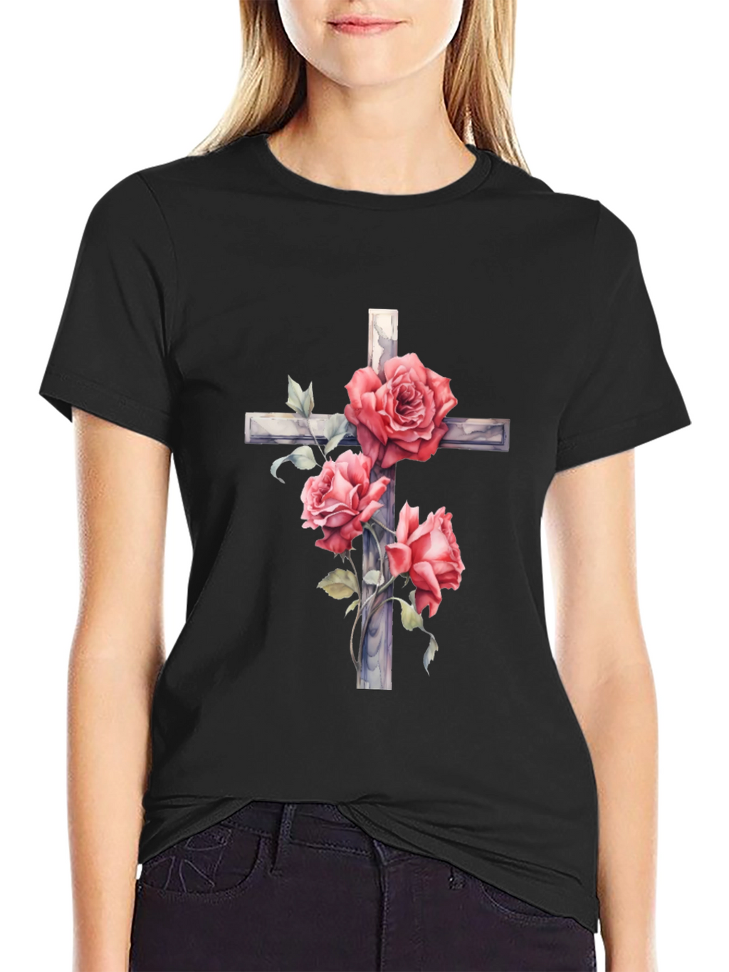Rose Cross Graphic T-Shirt - Black