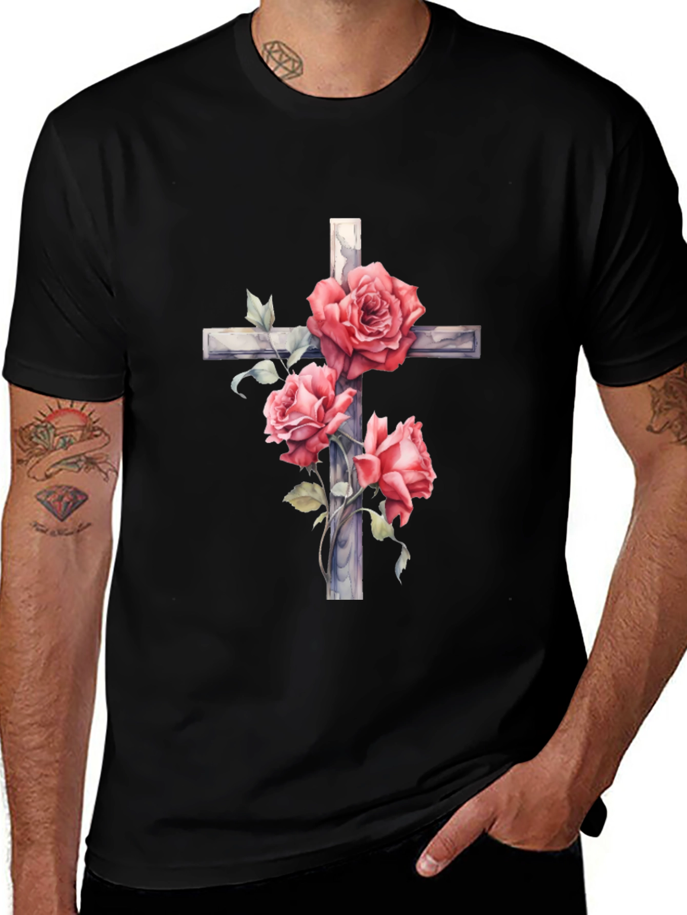 Rose Cross Graphic T-Shirt - Black