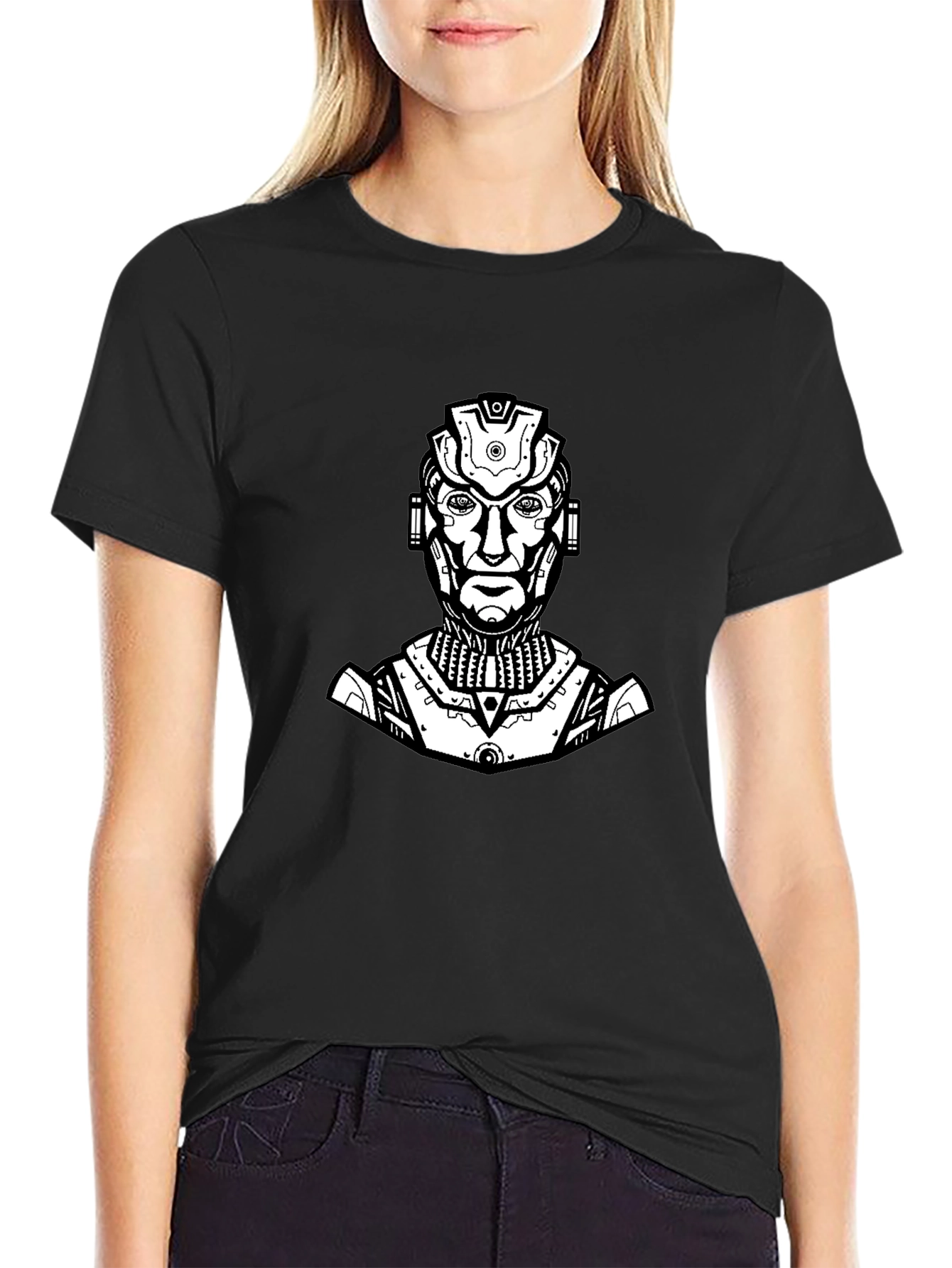 Sci-Fi Robot Graphic Tee - Black Cotton T-Shirt