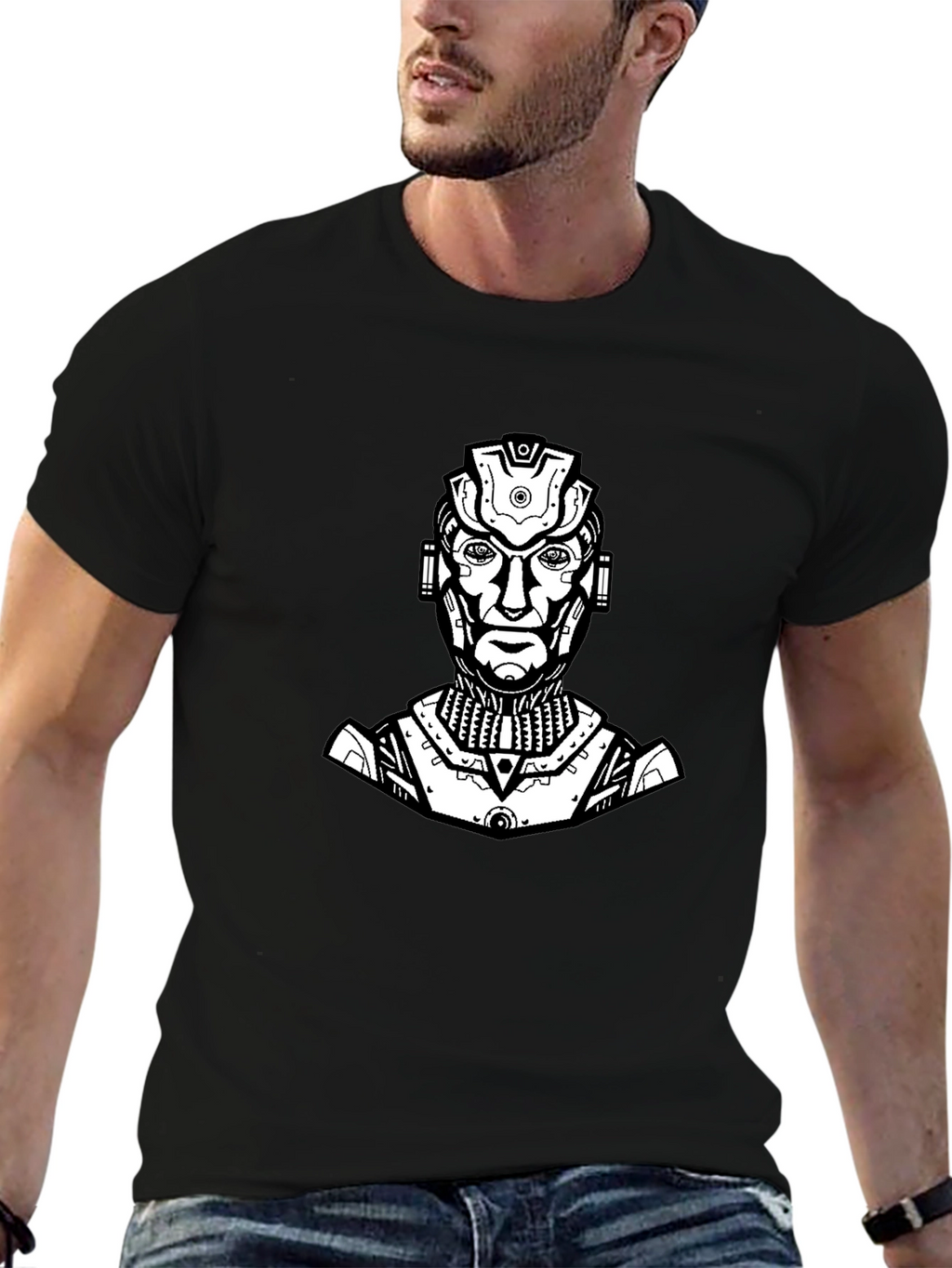 Sci-Fi Robot Graphic Tee - Black Cotton T-Shirt