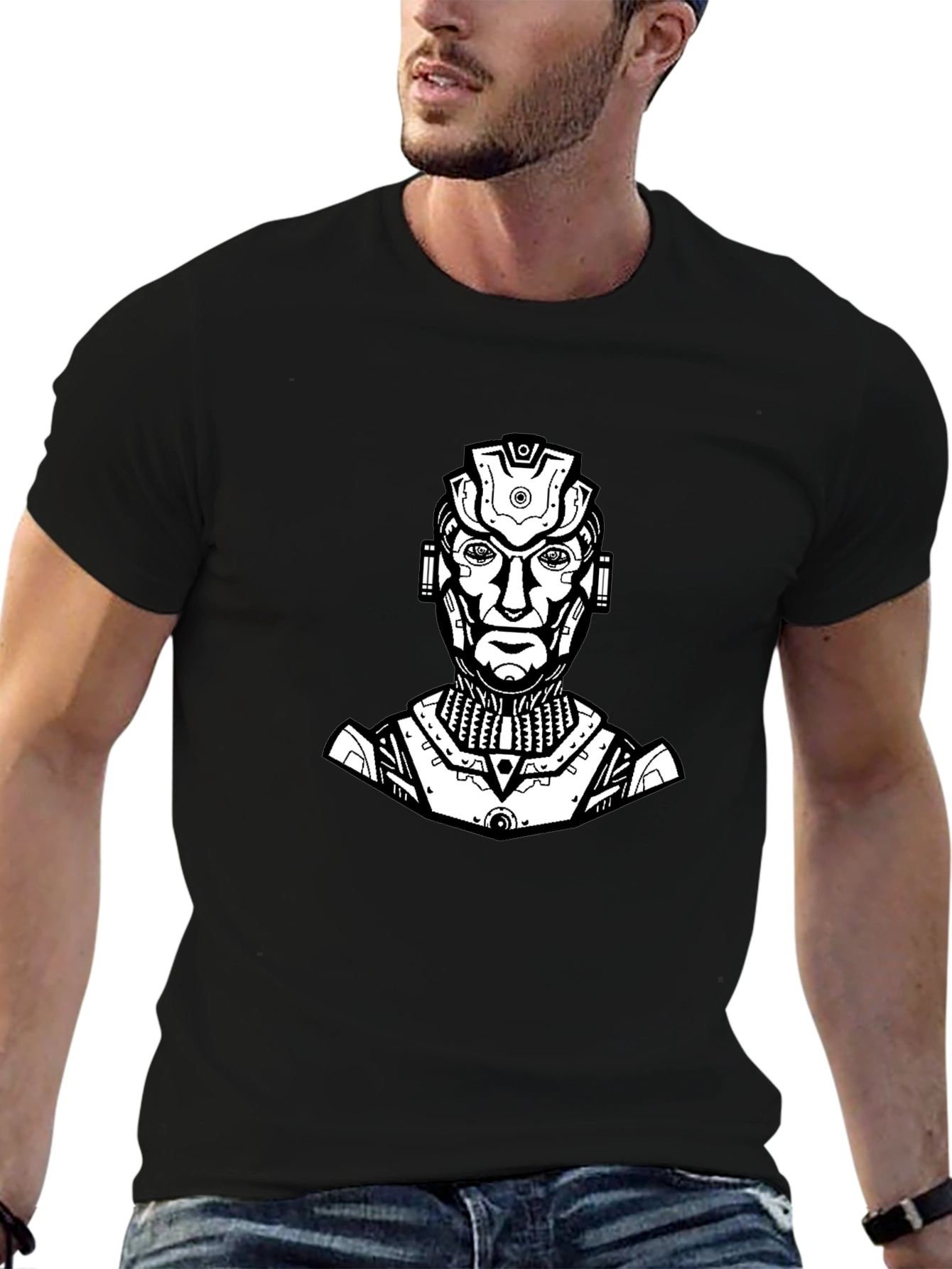 Sci-Fi Robot Graphic Tee - Black Cotton T-Shirt