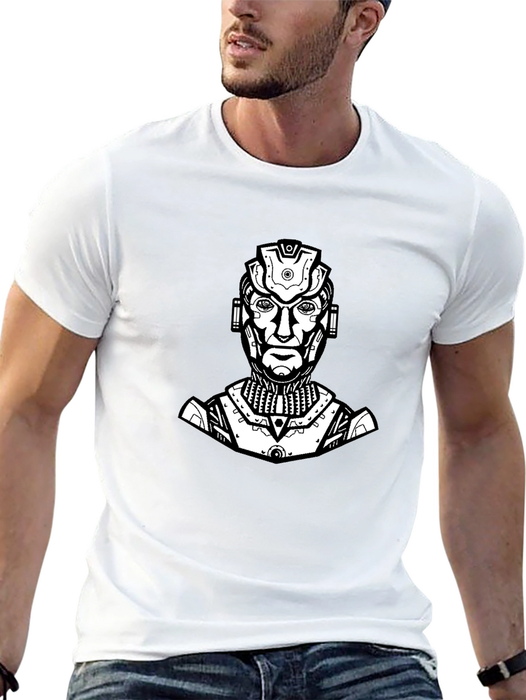 Sci-Fi Robot Graphic Tee - Black Cotton T-Shirt