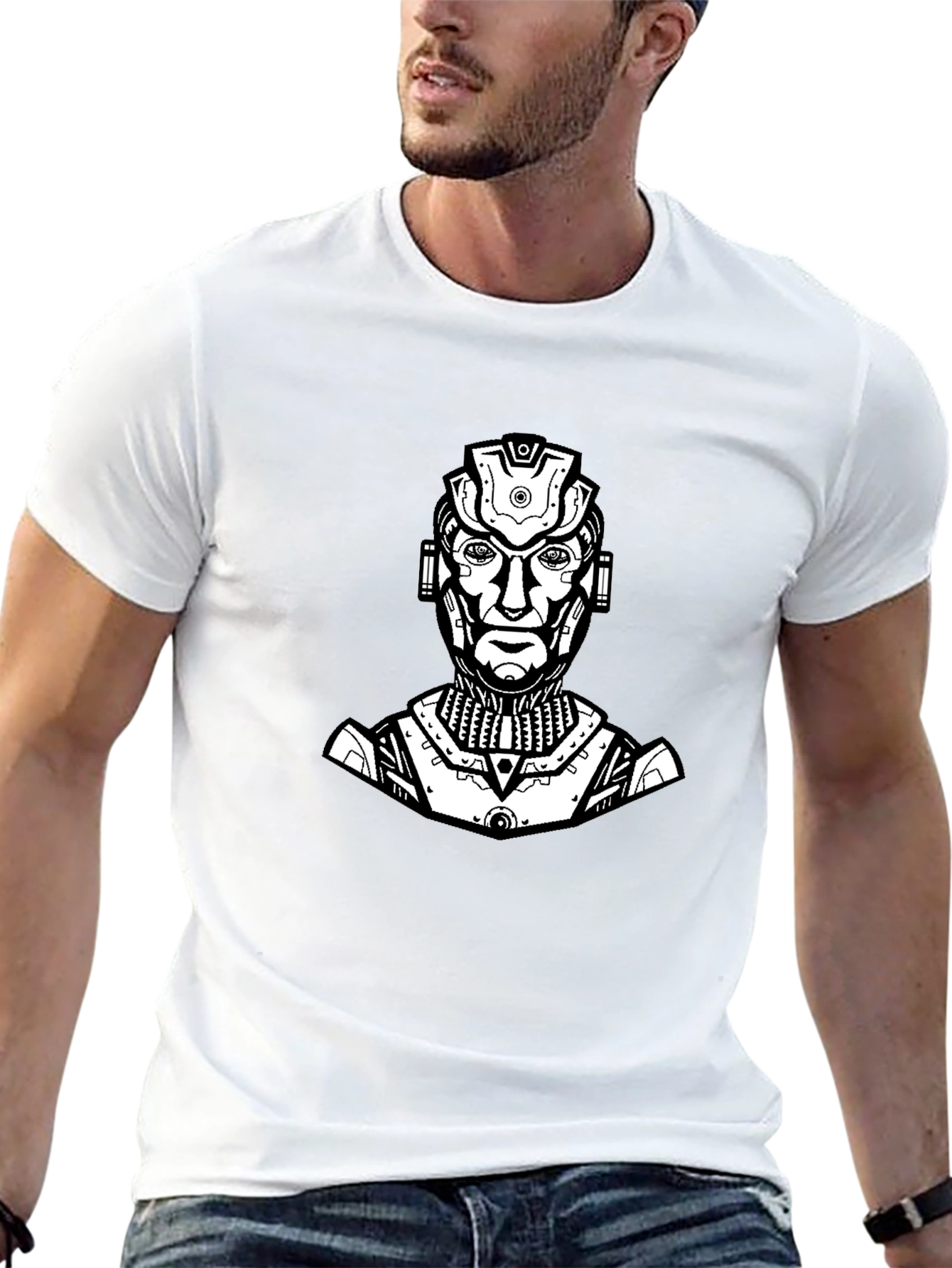 Sci-Fi Robot Graphic Tee - Black Cotton T-Shirt