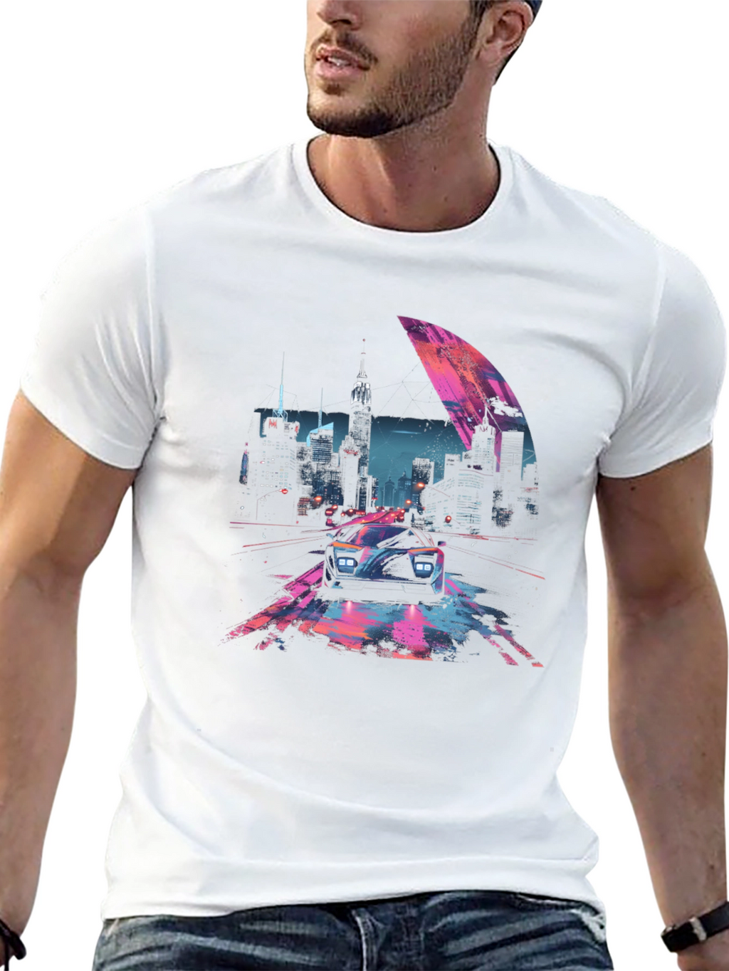 Retro Cityscape Car Graphic Tee - Black