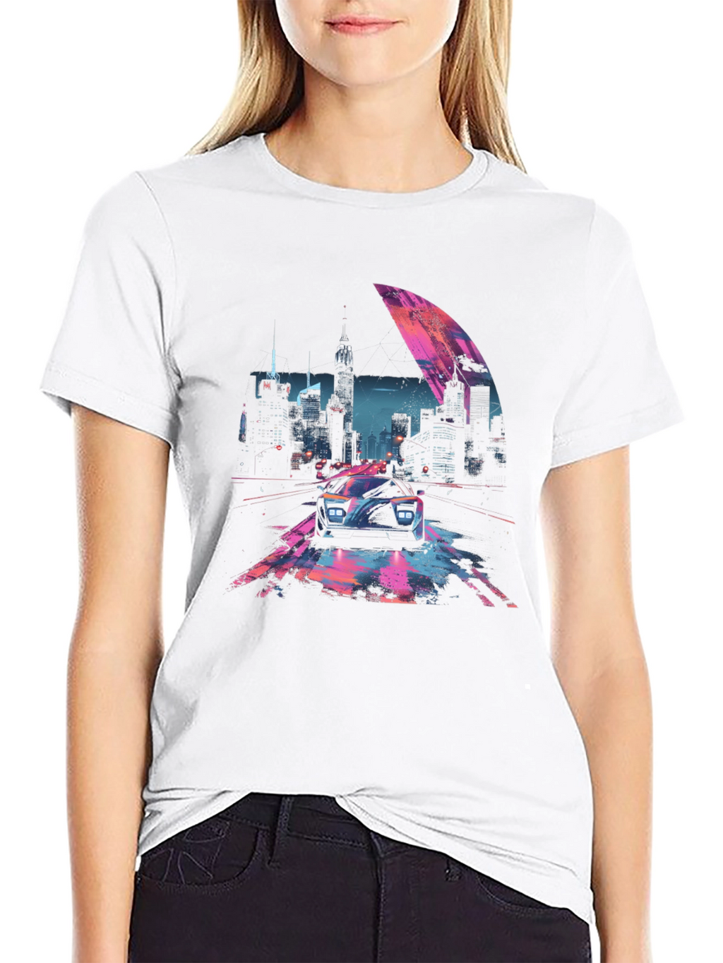 Retro Cityscape Car Graphic Tee - Black
