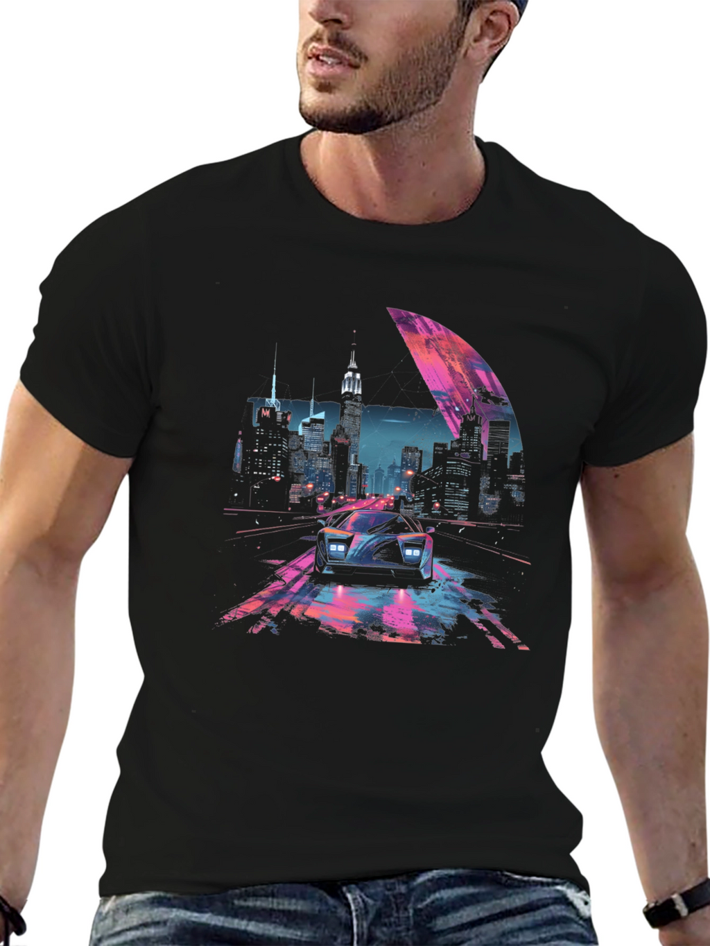 Retro Cityscape Car Graphic Tee - Black