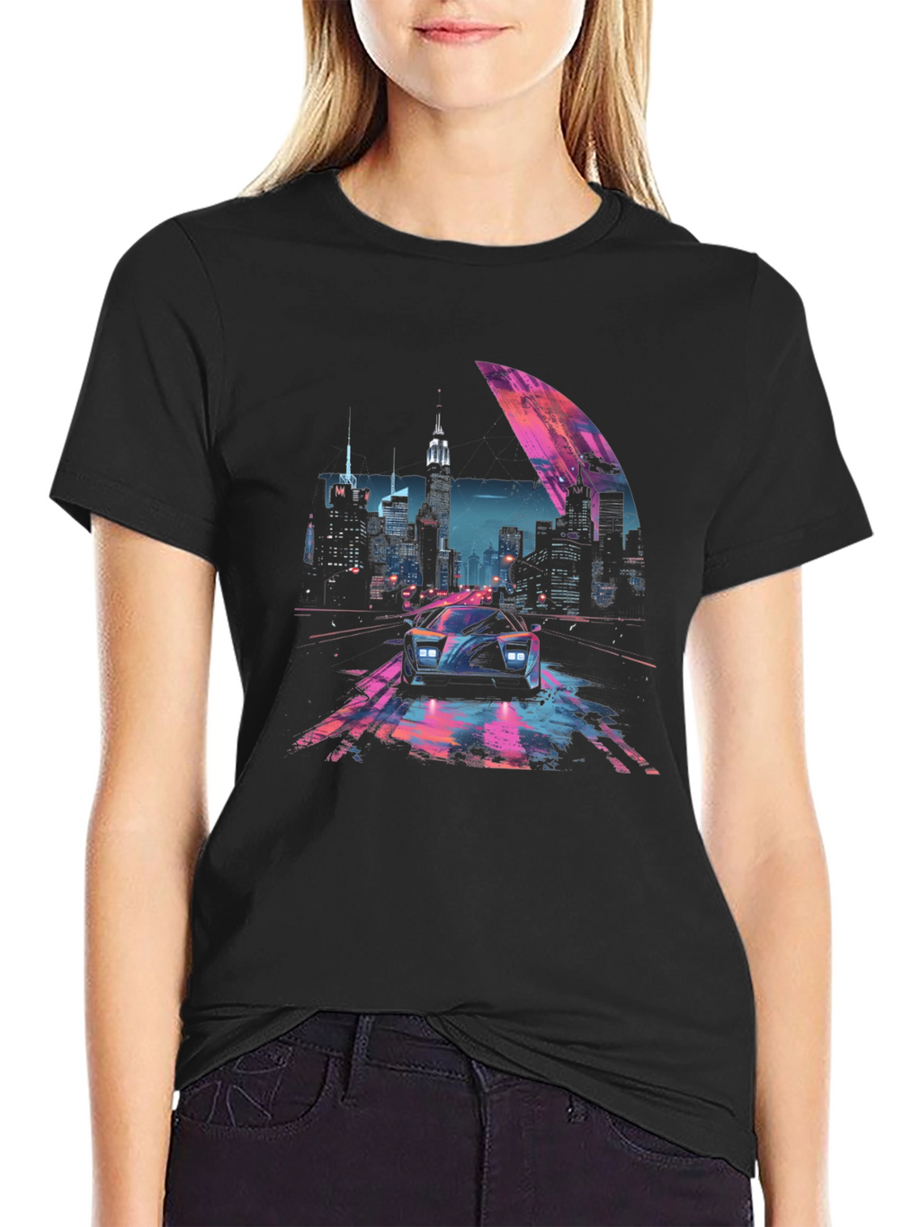 Retro Cityscape Car Graphic Tee - Black