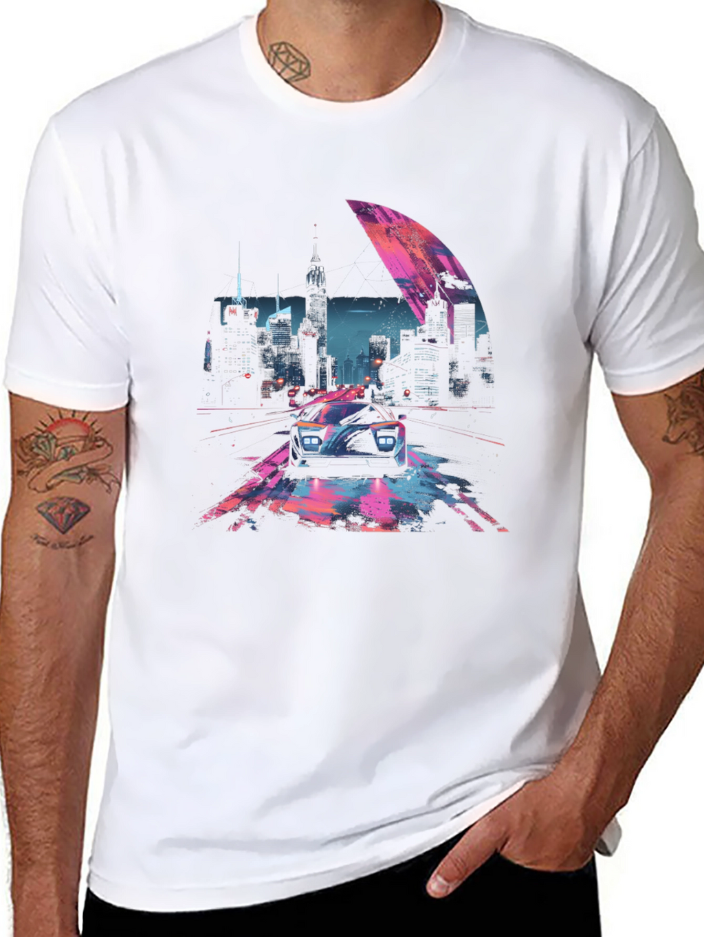 Retro Cityscape Car Graphic Tee - Black