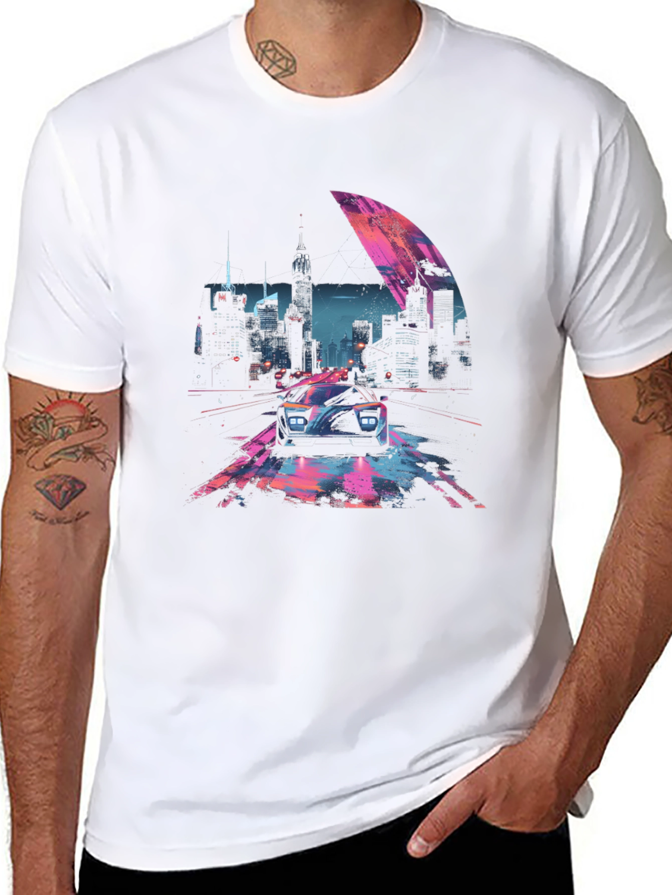 Retro Cityscape Car Graphic Tee - Black
