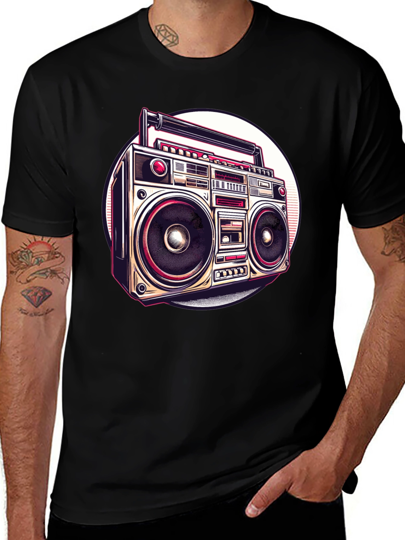 Retro Boombox Graphic Tee - Vintage Style Black T-Shirt